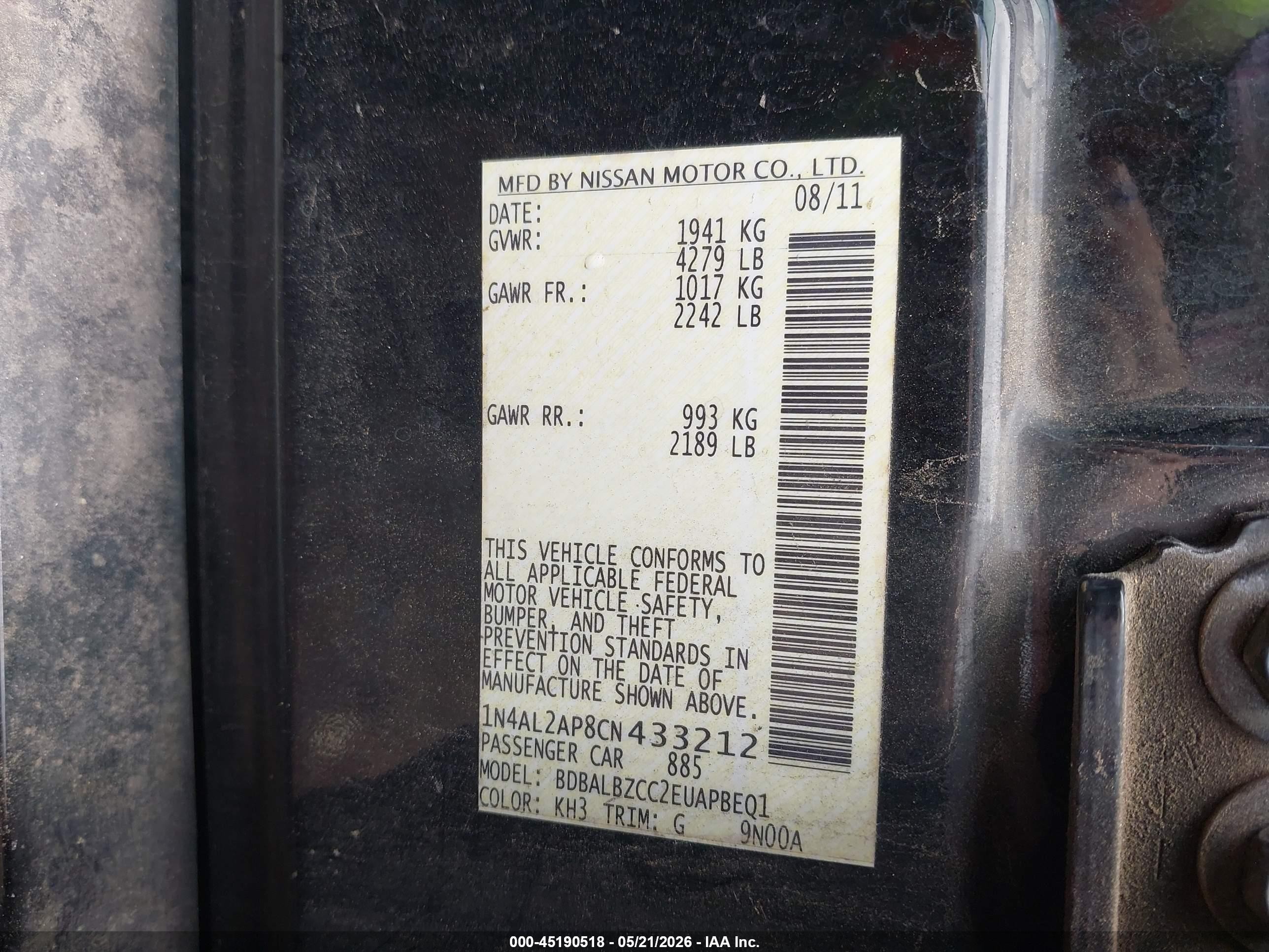 2012 Nissan Altima 2.5 S Black vin: 1N4AL2AP8CN433212