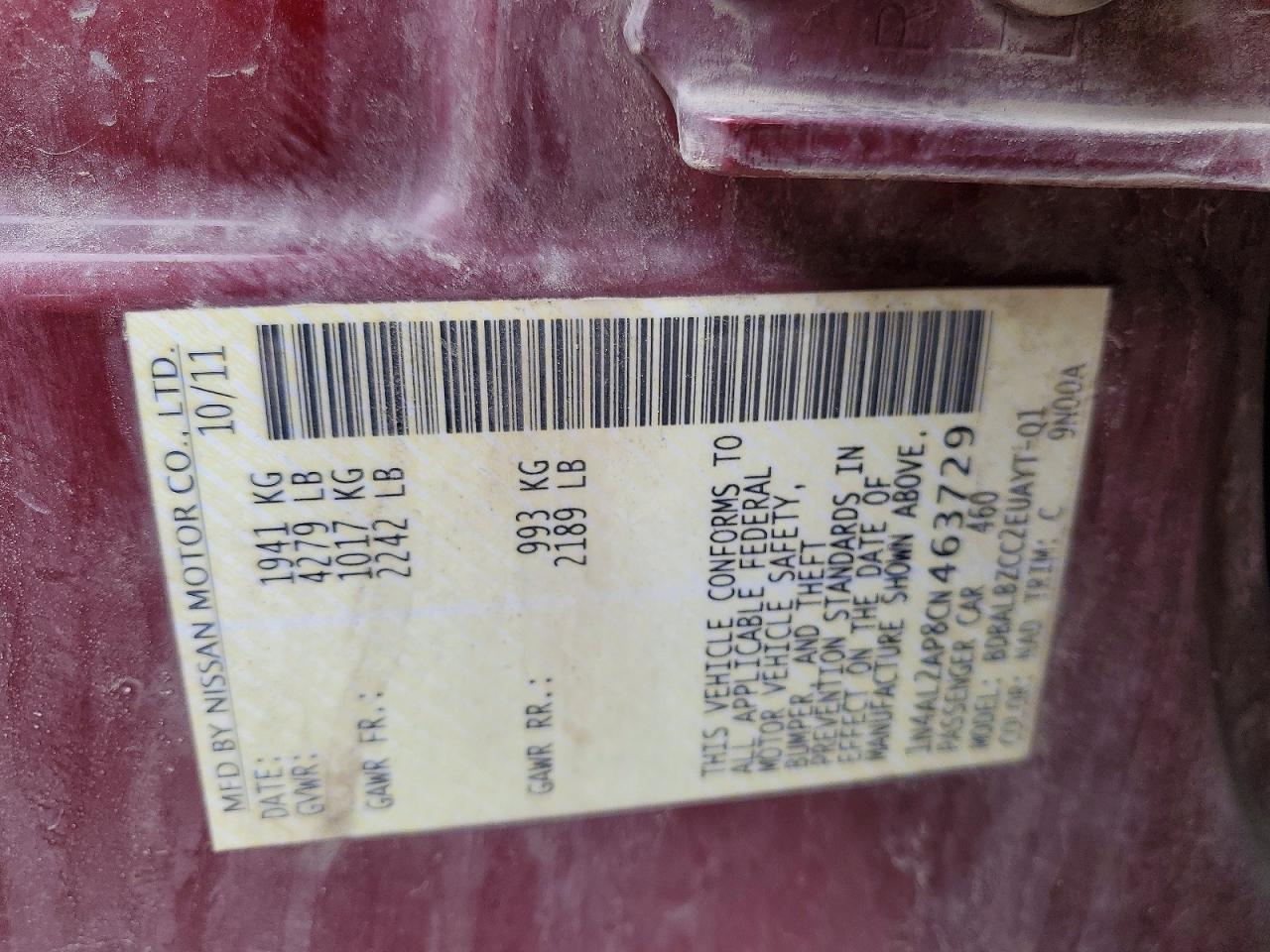2012 Nissan Altima 2.5 Maroon vin: 1N4AL2AP8CN463729