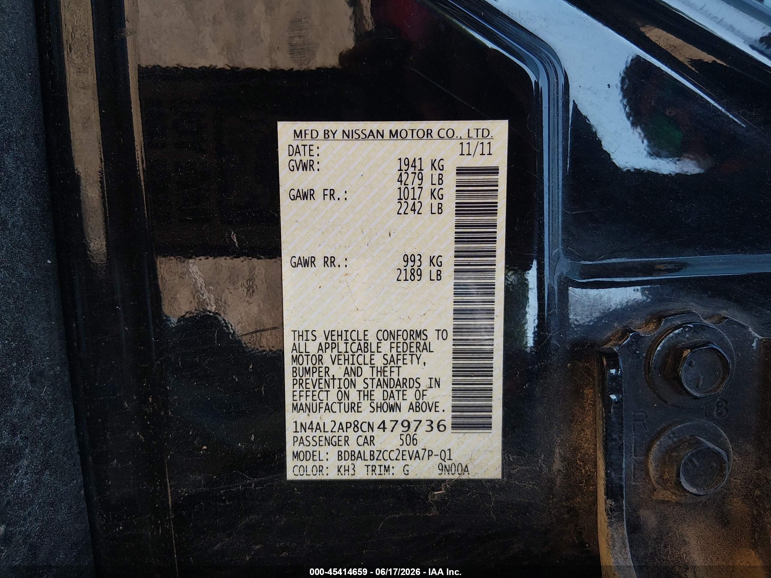 2012 Nissan Altima 2.5 S Black vin: 1N4AL2AP8CN479736