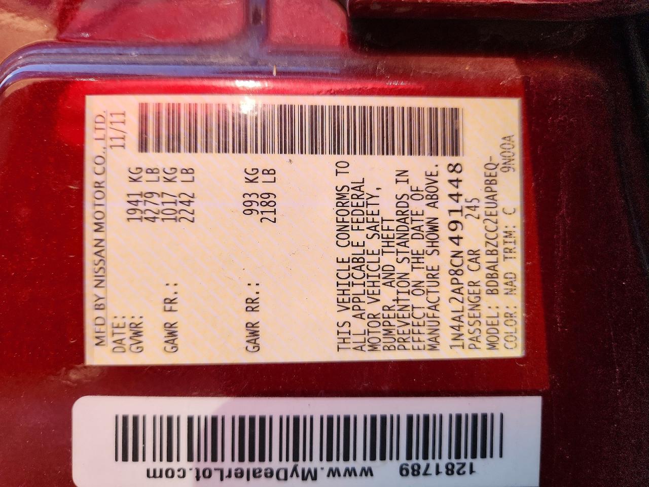 2012 Nissan Altima 2.5 Burgundy vin: 1N4AL2AP8CN491448