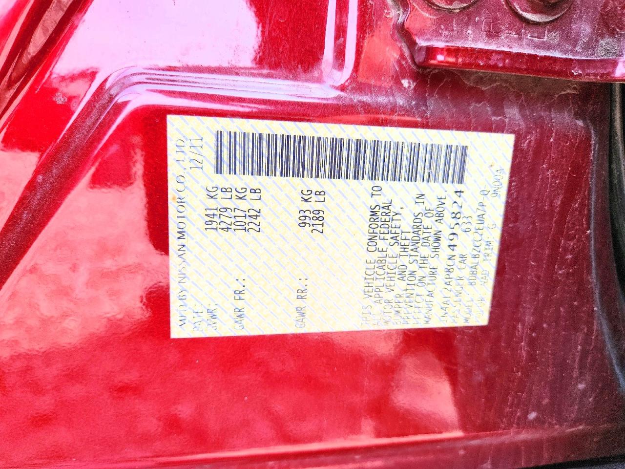 2012 Nissan Altima 2.5 Red vin: 1N4AL2AP8CN495824