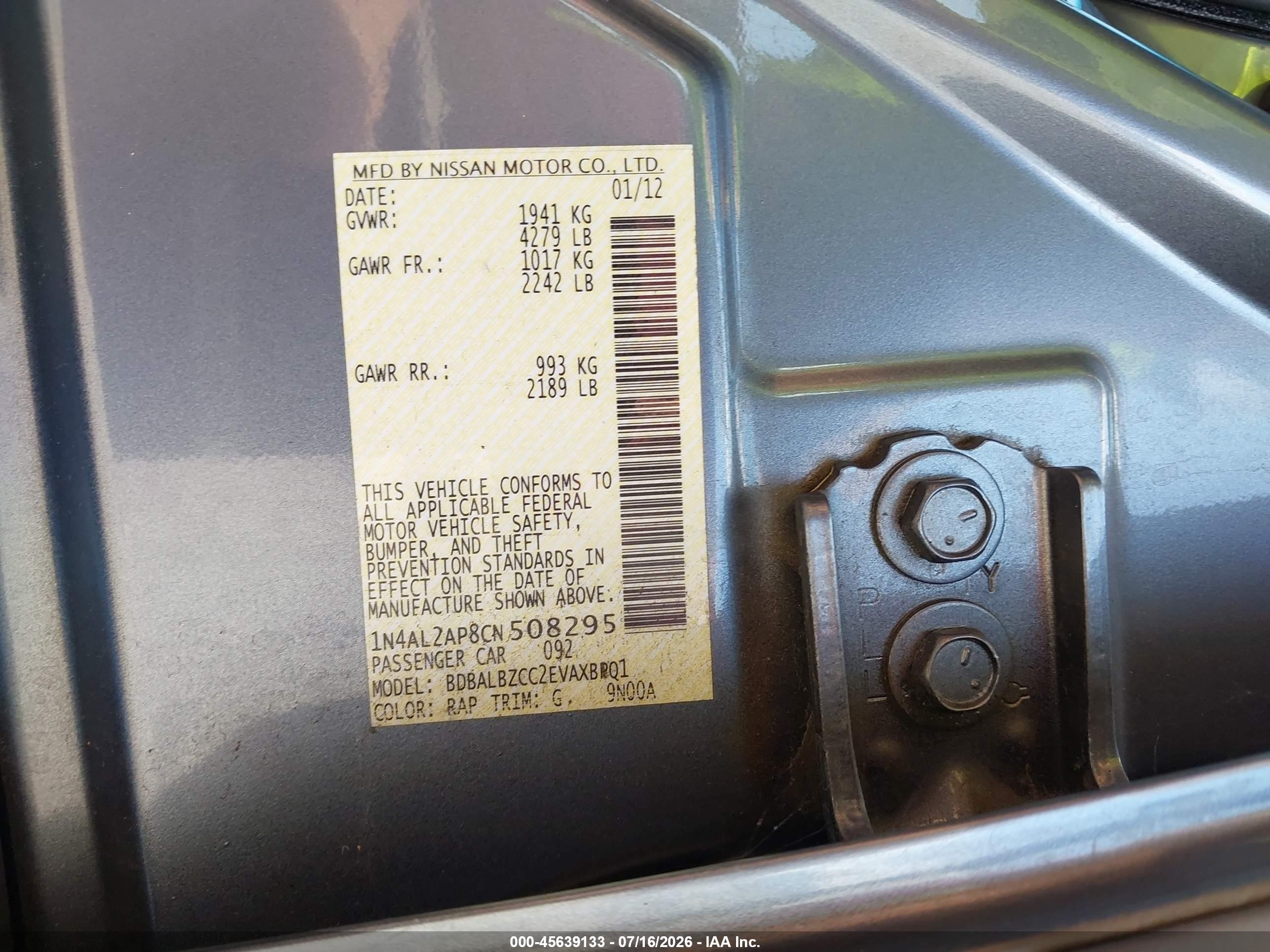 2012 Nissan Altima 2.5 S Blue vin: 1N4AL2AP8CN508295