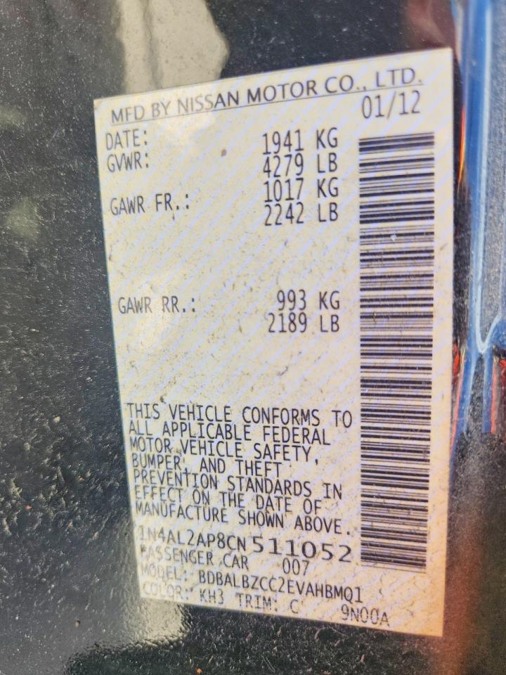 2012 Nissan Altima Black vin: 1N4AL2AP8CN511052