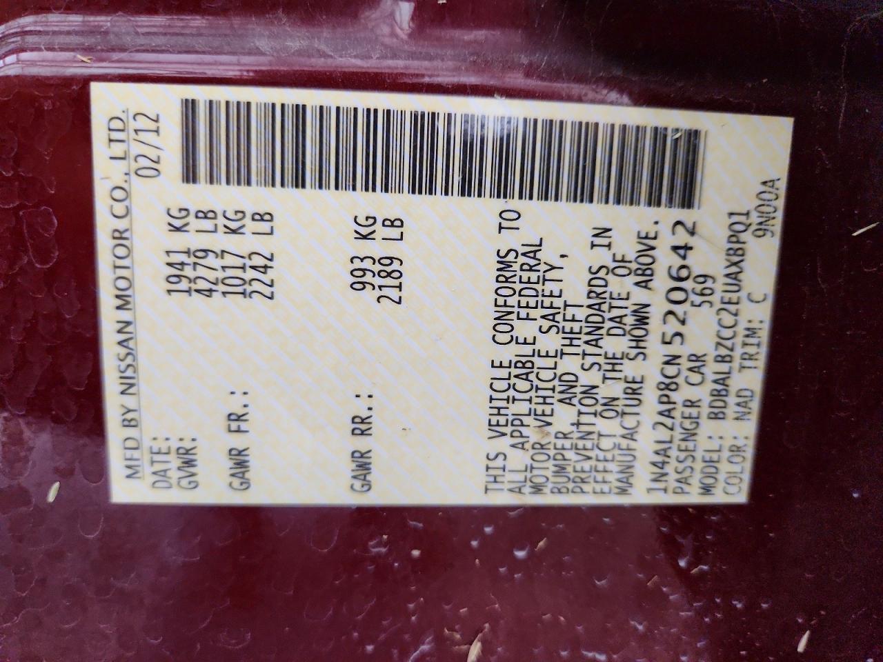 2012 Nissan Altima 2.5 Burgundy vin: 1N4AL2AP8CN520642