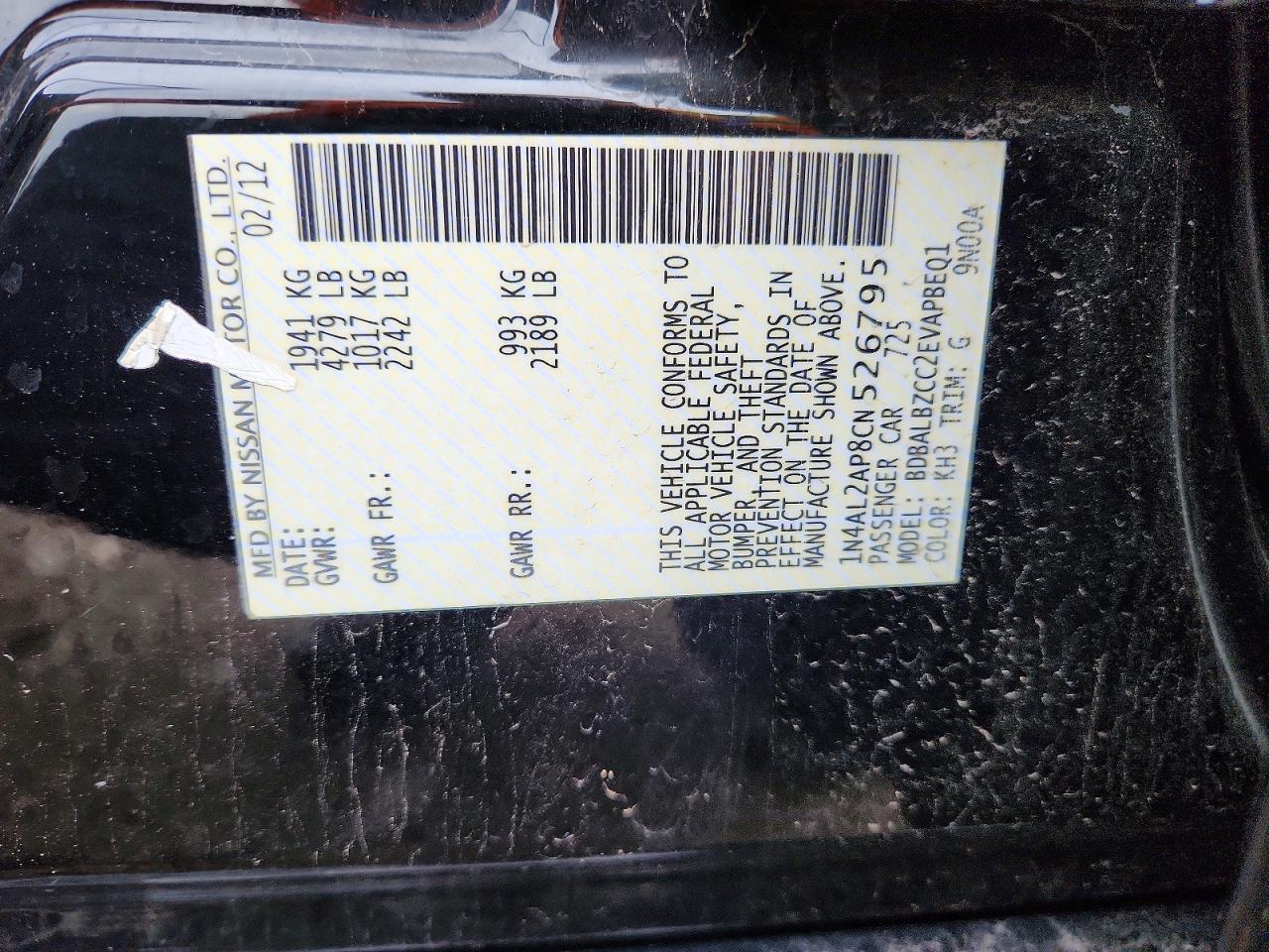 2012 Nissan Altima 2.5 Black vin: 1N4AL2AP8CN526795