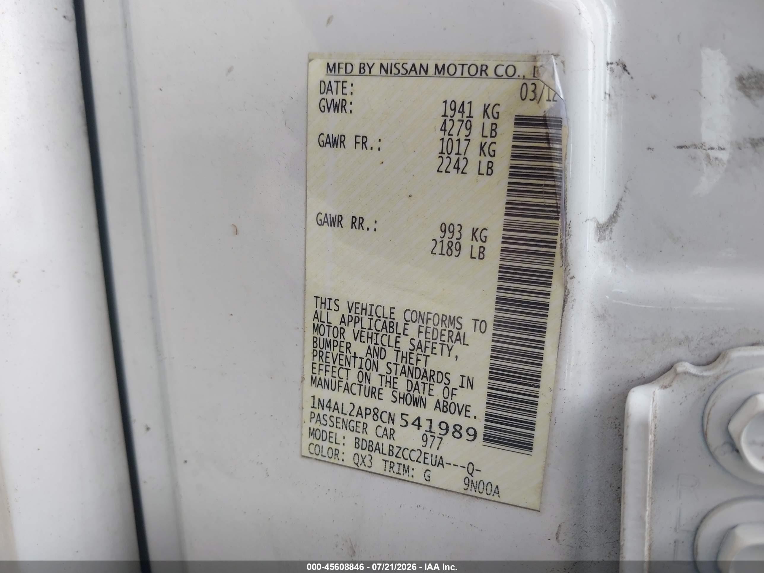 2012 Nissan Altima 2.5 S Белый vin: 1N4AL2AP8CN541989