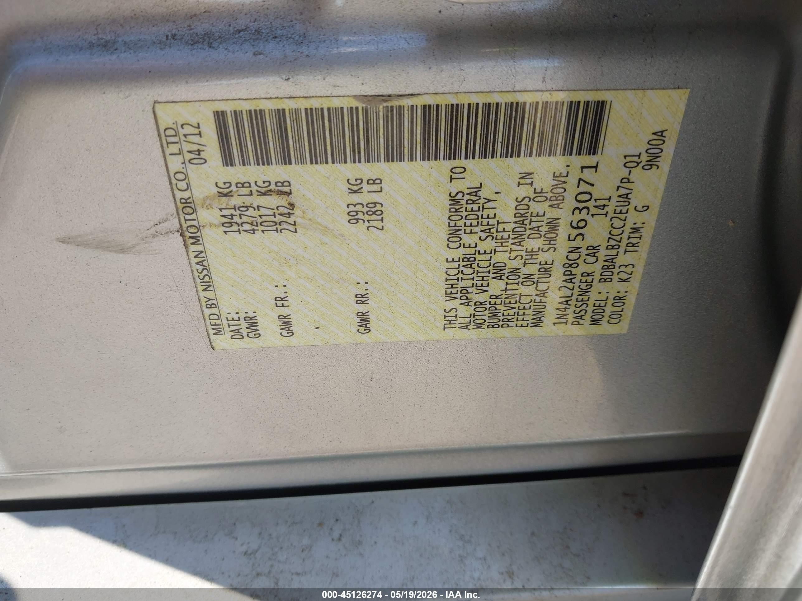 2012 Nissan Altima 2.5 S Silver vin: 1N4AL2AP8CN563071