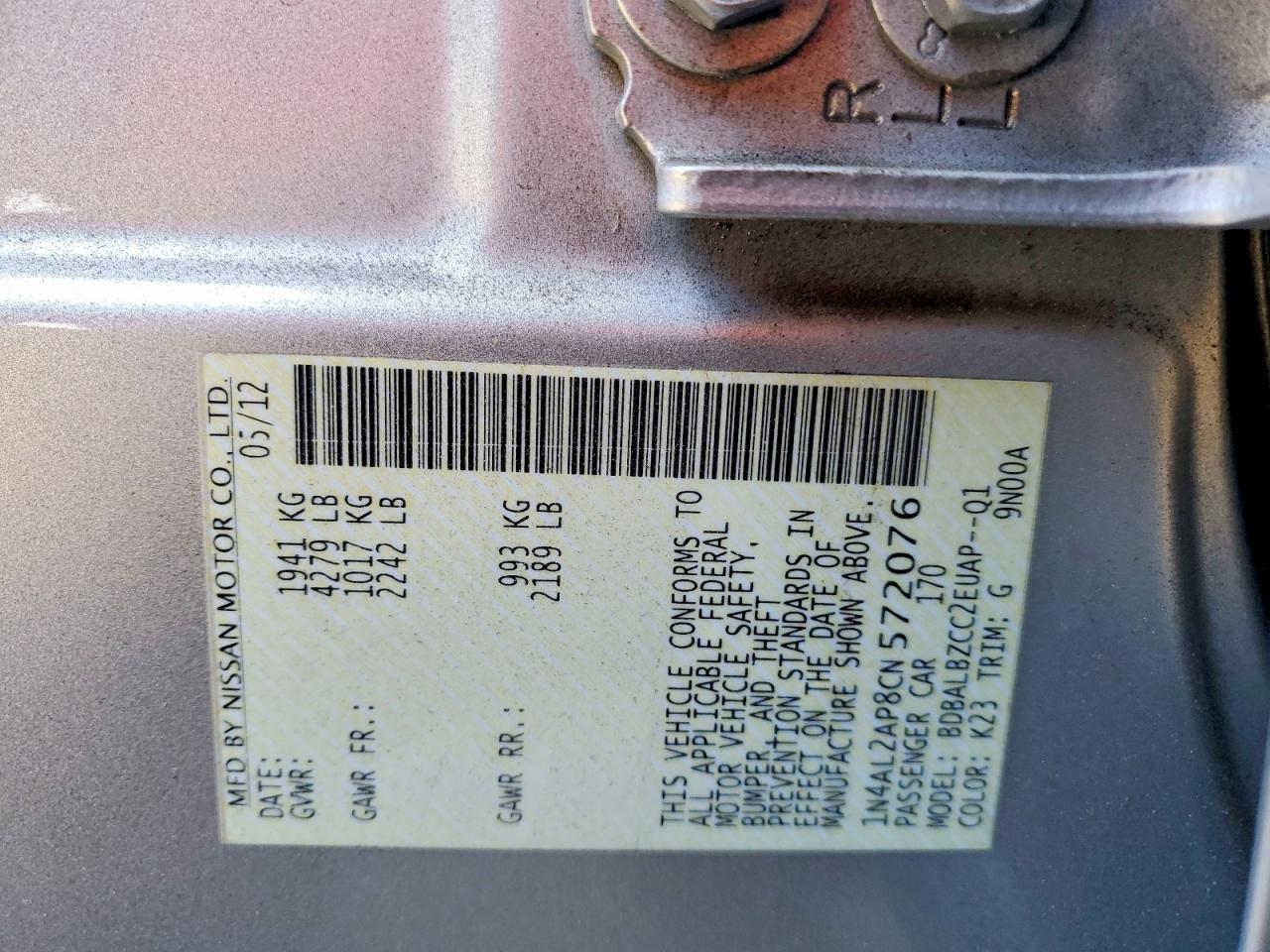 2012 Nissan Altima Base/s Gray vin: 1N4AL2AP8CN572076