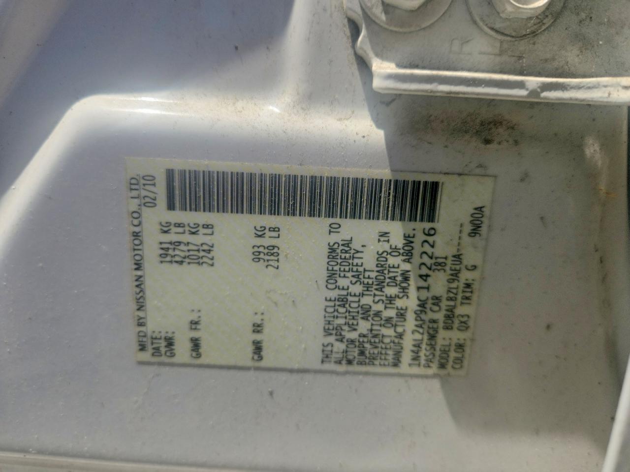 2010 Nissan Altima 2.5 White vin: 1N4AL2AP9AC142226