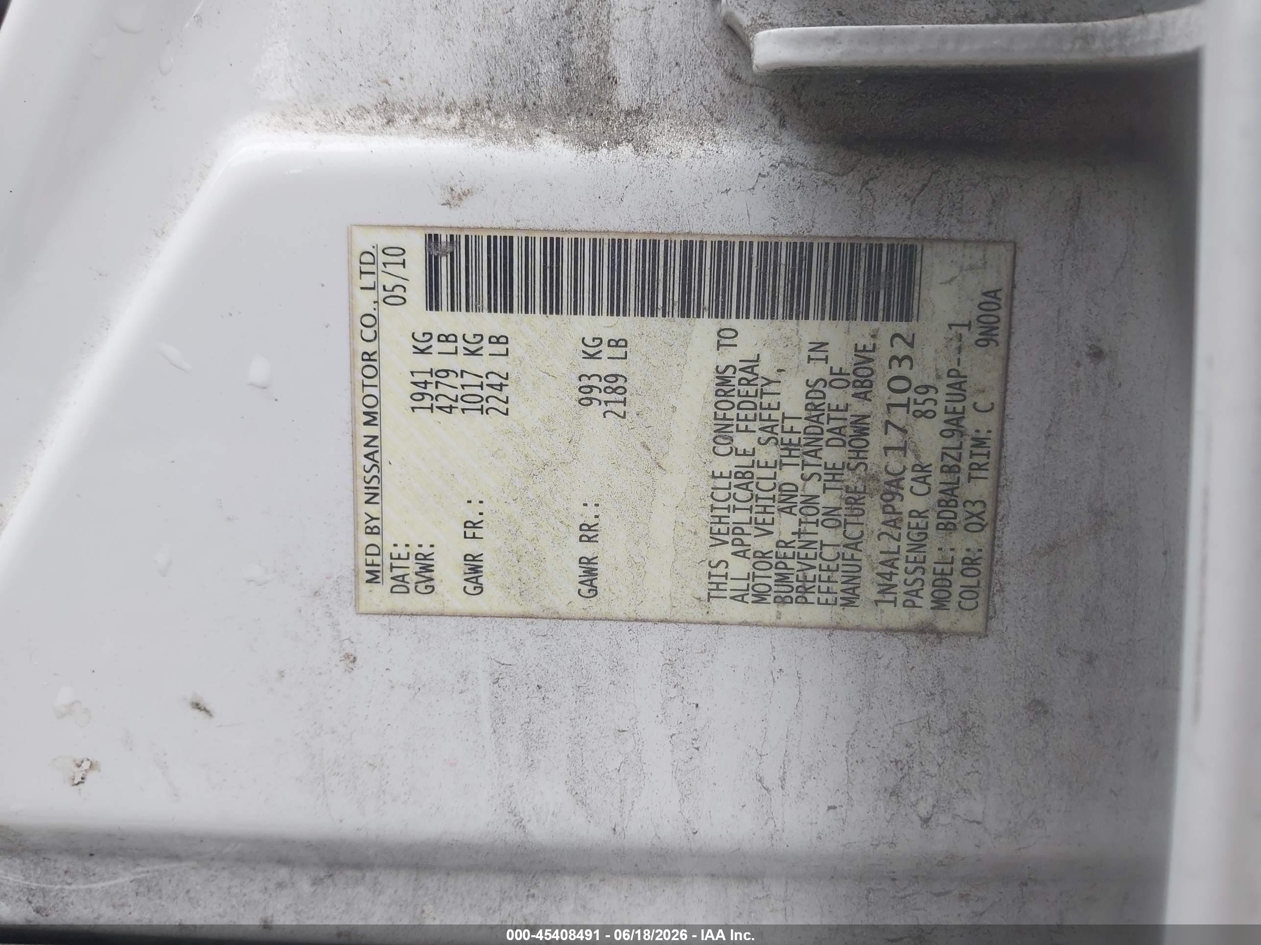 2010 Nissan Altima 2.5 S White vin: 1N4AL2AP9AC171032
