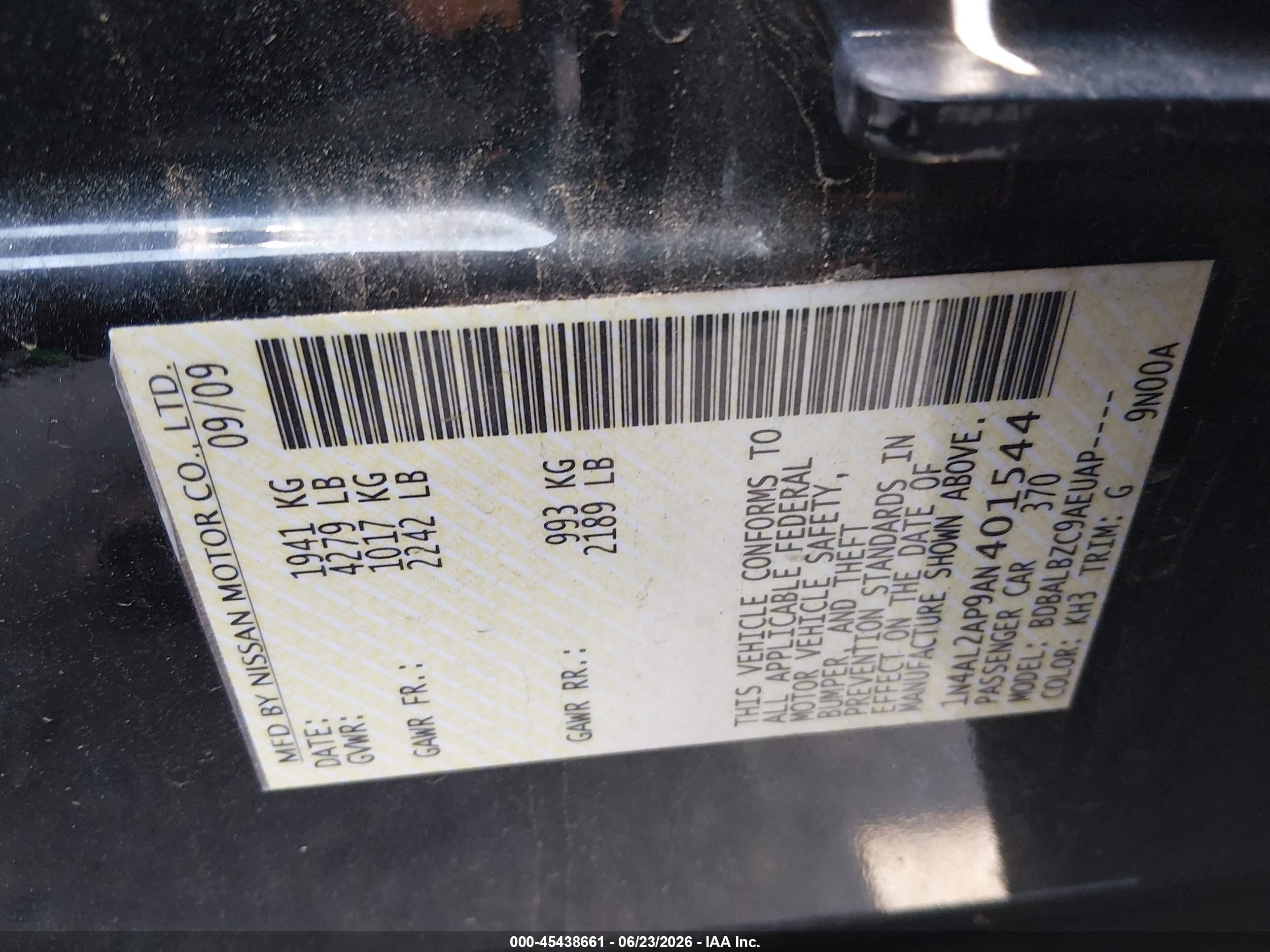 2010 Nissan Altima 2.5 S Black vin: 1N4AL2AP9AN401544