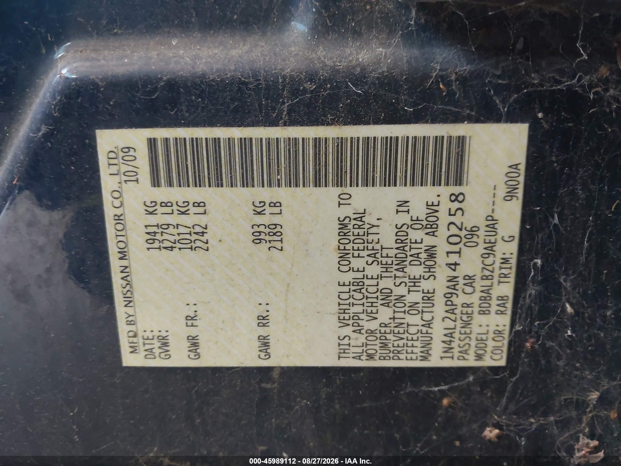 2010 Nissan Altima 2.5 S Blue vin: 1N4AL2AP9AN410258
