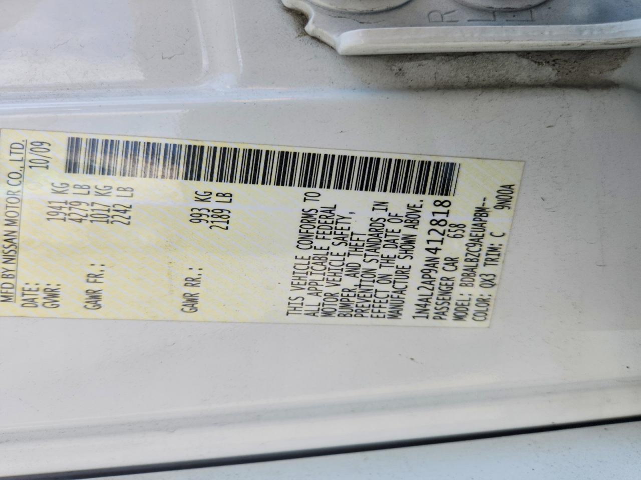 2010 Nissan Altima 2.5 White vin: 1N4AL2AP9AN412818