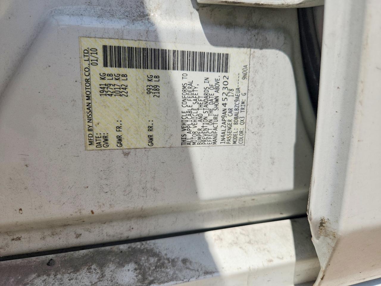 2010 Nissan Altima Base White vin: 1N4AL2AP9AN452302