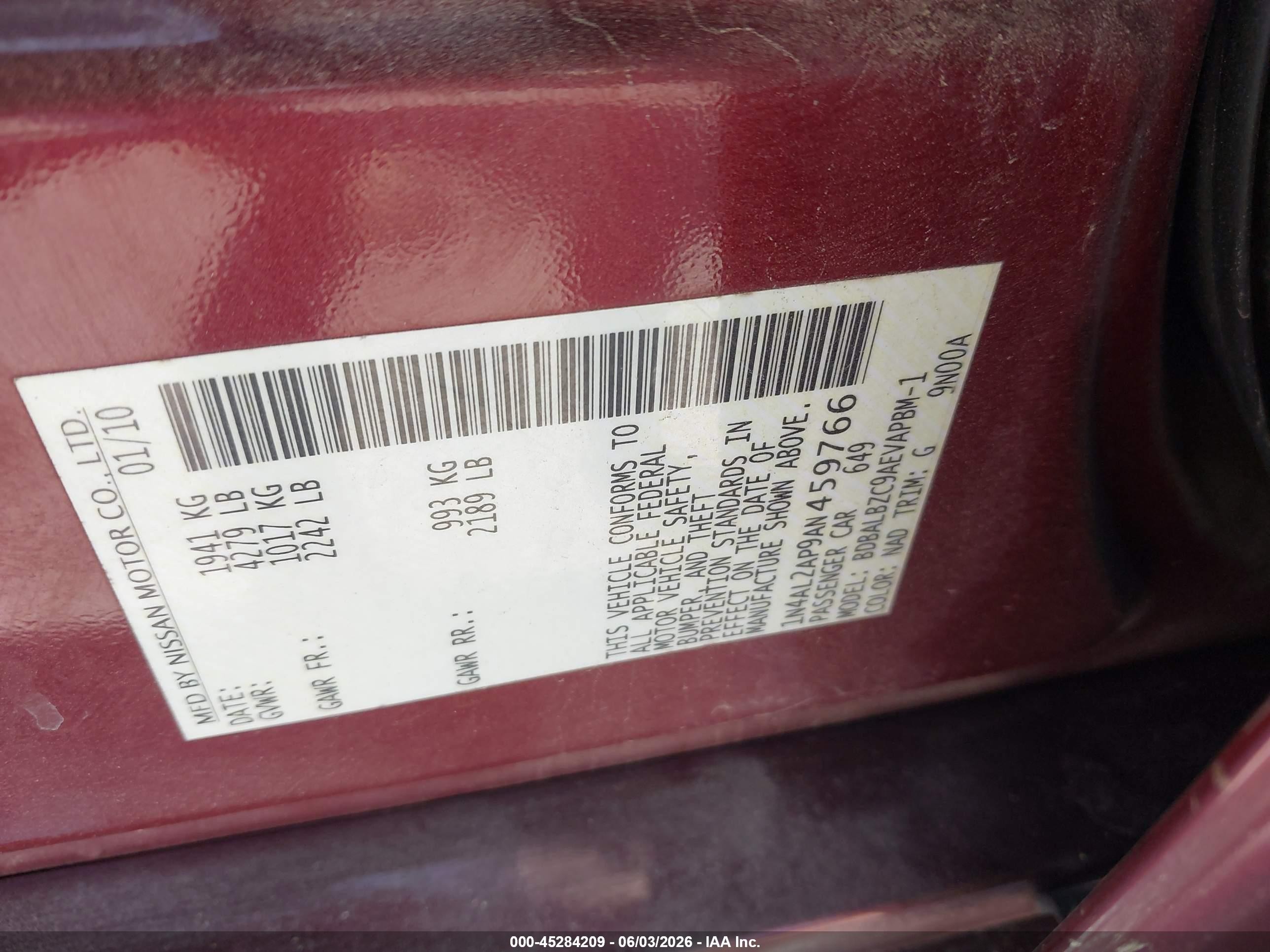 2010 Nissan Altima 2.5 S Red vin: 1N4AL2AP9AN459766