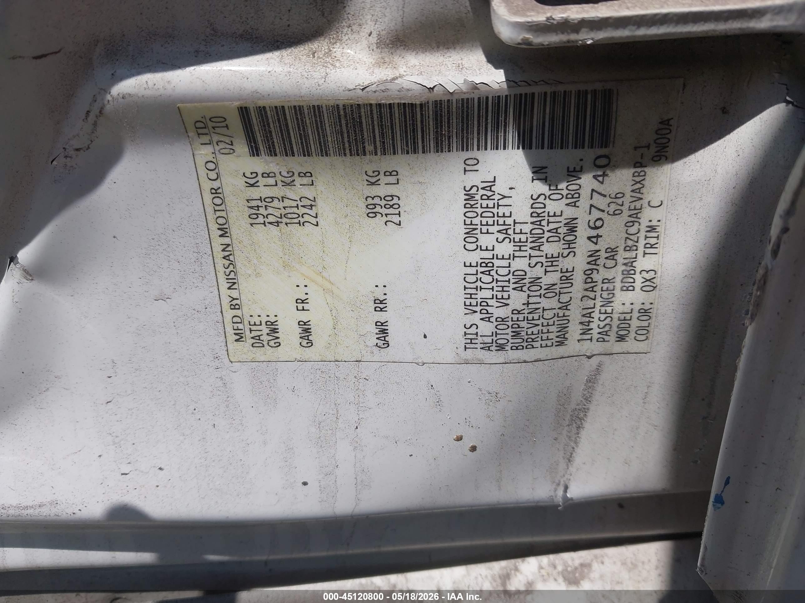 2010 Nissan Altima 2.5 S White vin: 1N4AL2AP9AN467740
