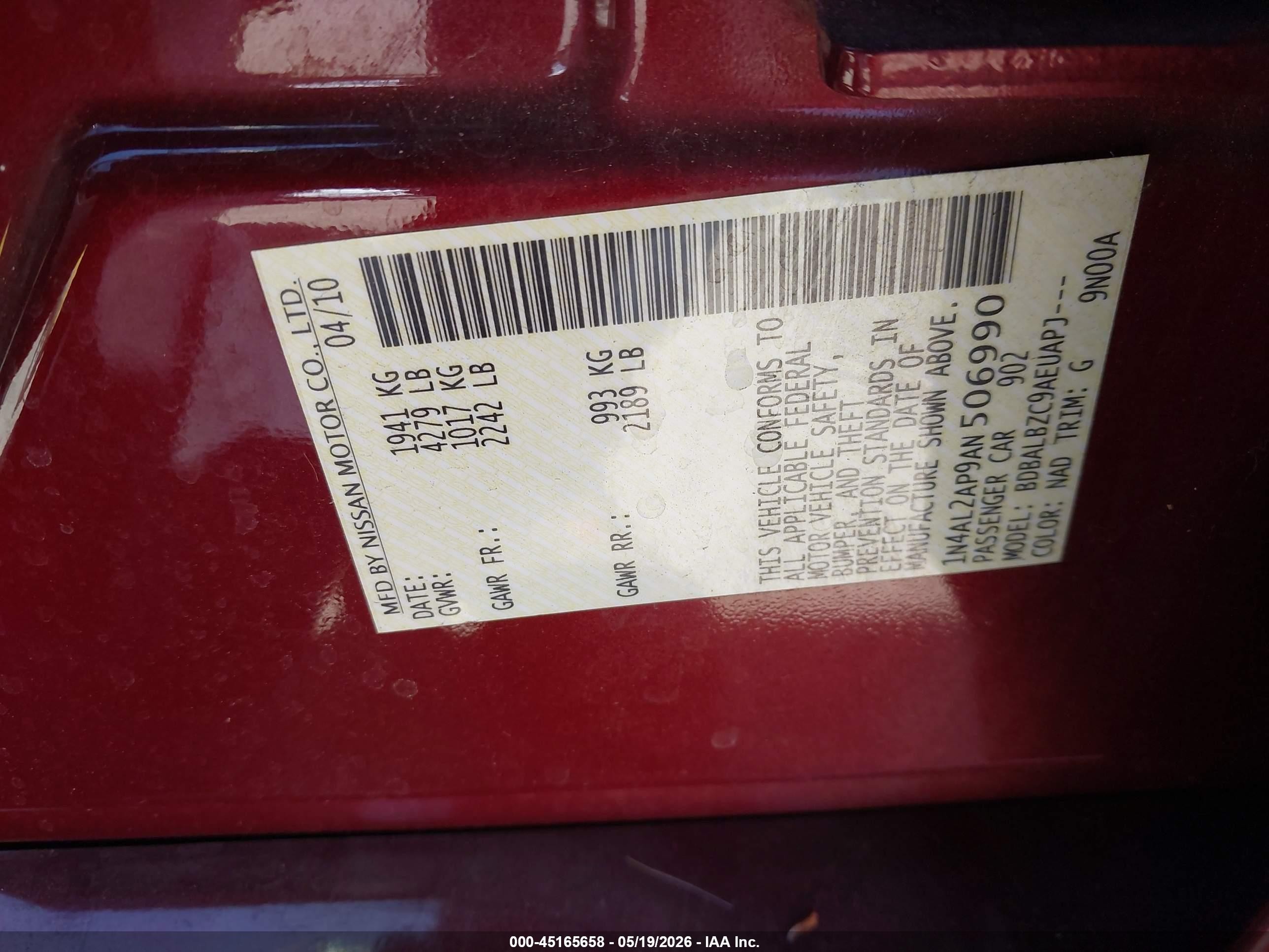 2010 Nissan Altima 2.5 S Burgundy vin: 1N4AL2AP9AN506990