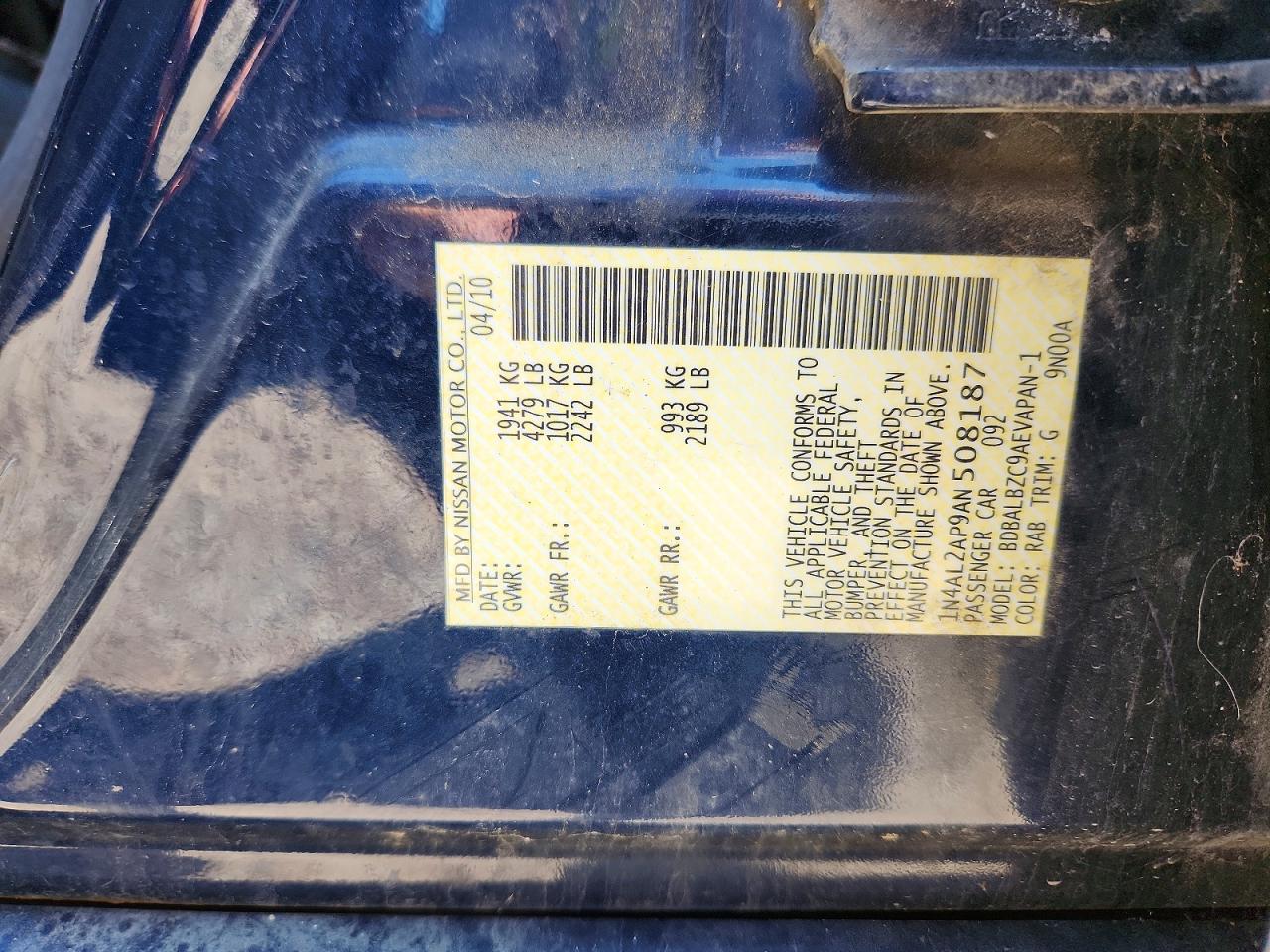2010 Nissan Altima 2.5 Blue vin: 1N4AL2AP9AN508187