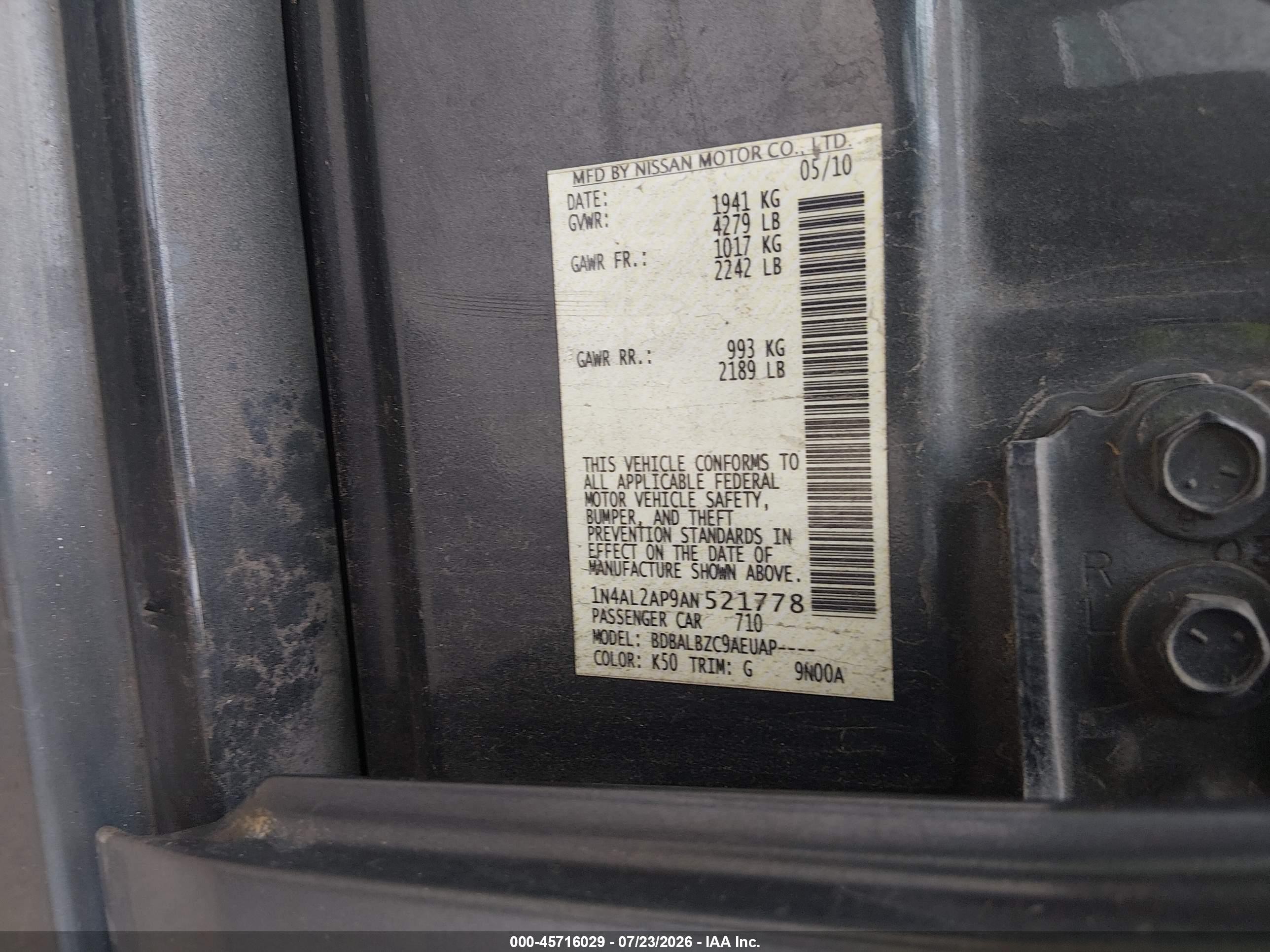 2010 Nissan Altima 2.5 S Серый vin: 1N4AL2AP9AN521778