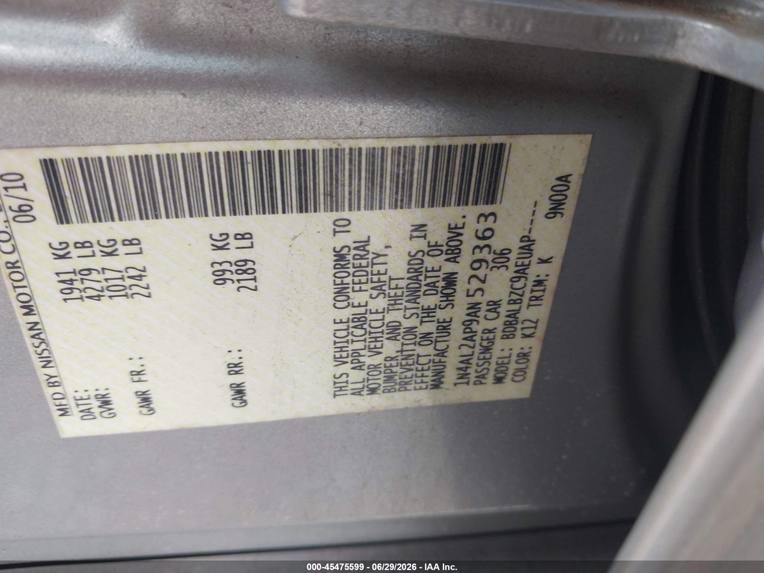 2010 Nissan Altima 2.5 S Silver vin: 1N4AL2AP9AN529363