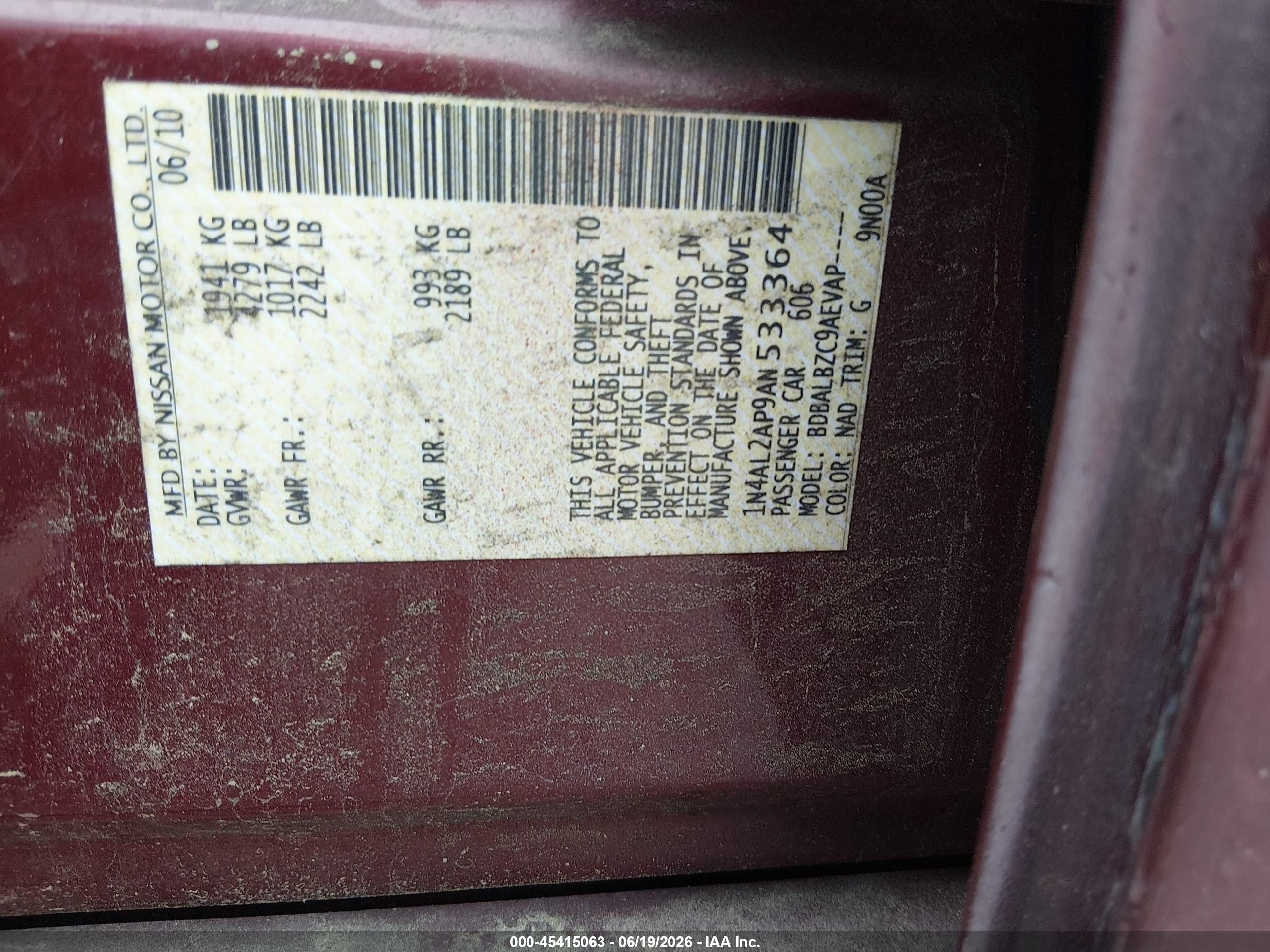 2010 Nissan Altima 2.5 S Burgundy vin: 1N4AL2AP9AN533364