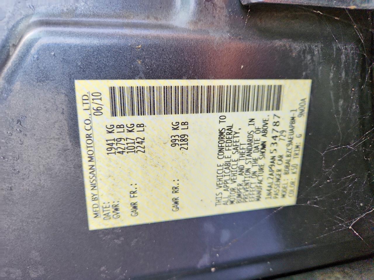 2010 Nissan Altima 2.5 Charcoal vin: 1N4AL2AP9AN534787
