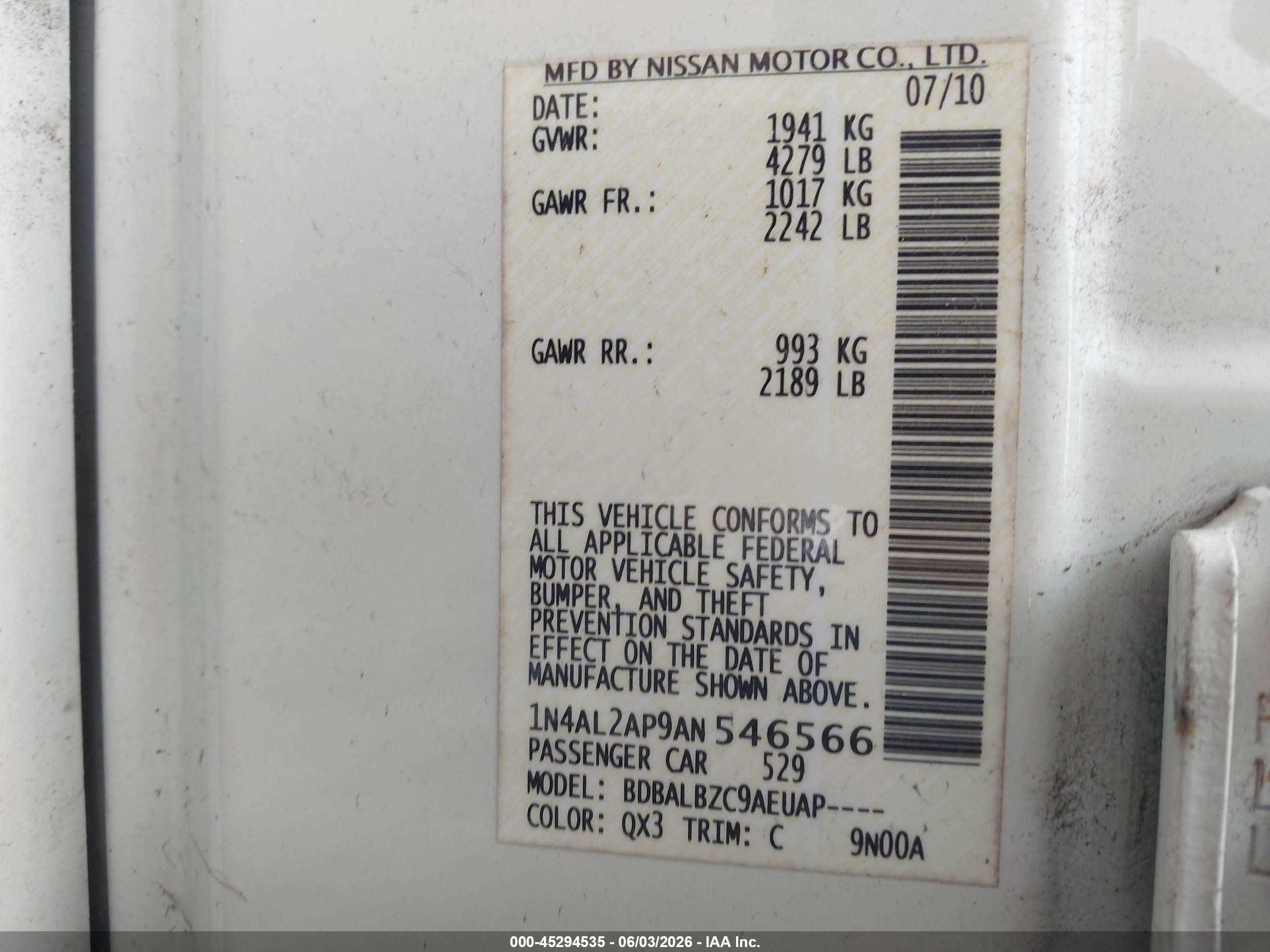 2010 Nissan Altima 2.5 S White vin: 1N4AL2AP9AN546566