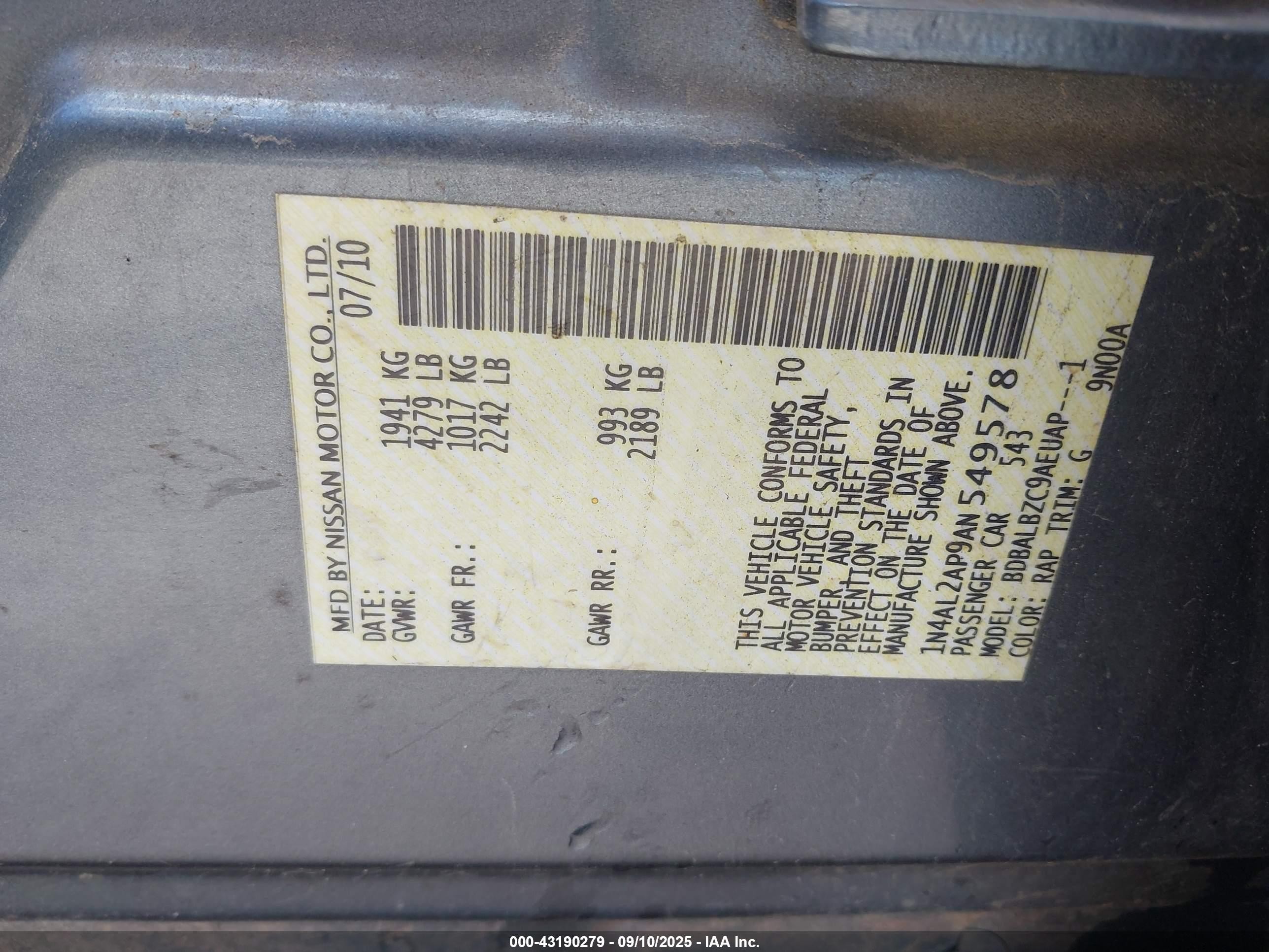 2010 Nissan Altima 2.5 S Blue vin: 1N4AL2AP9AN549578