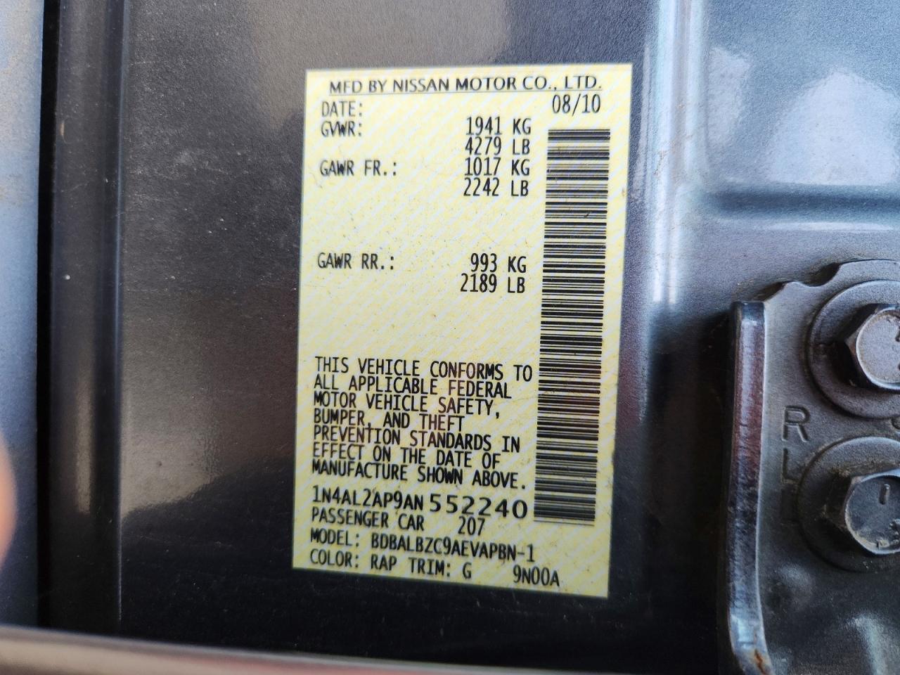 2010 Nissan Altima 2.5 Blue vin: 1N4AL2AP9AN552240