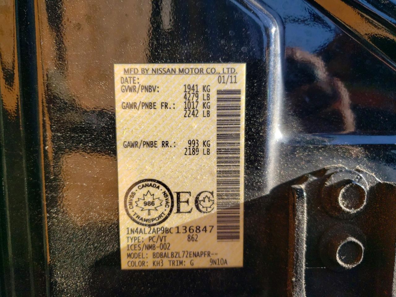 2011 Nissan Altima 2.5 Black vin: 1N4AL2AP9BC136847