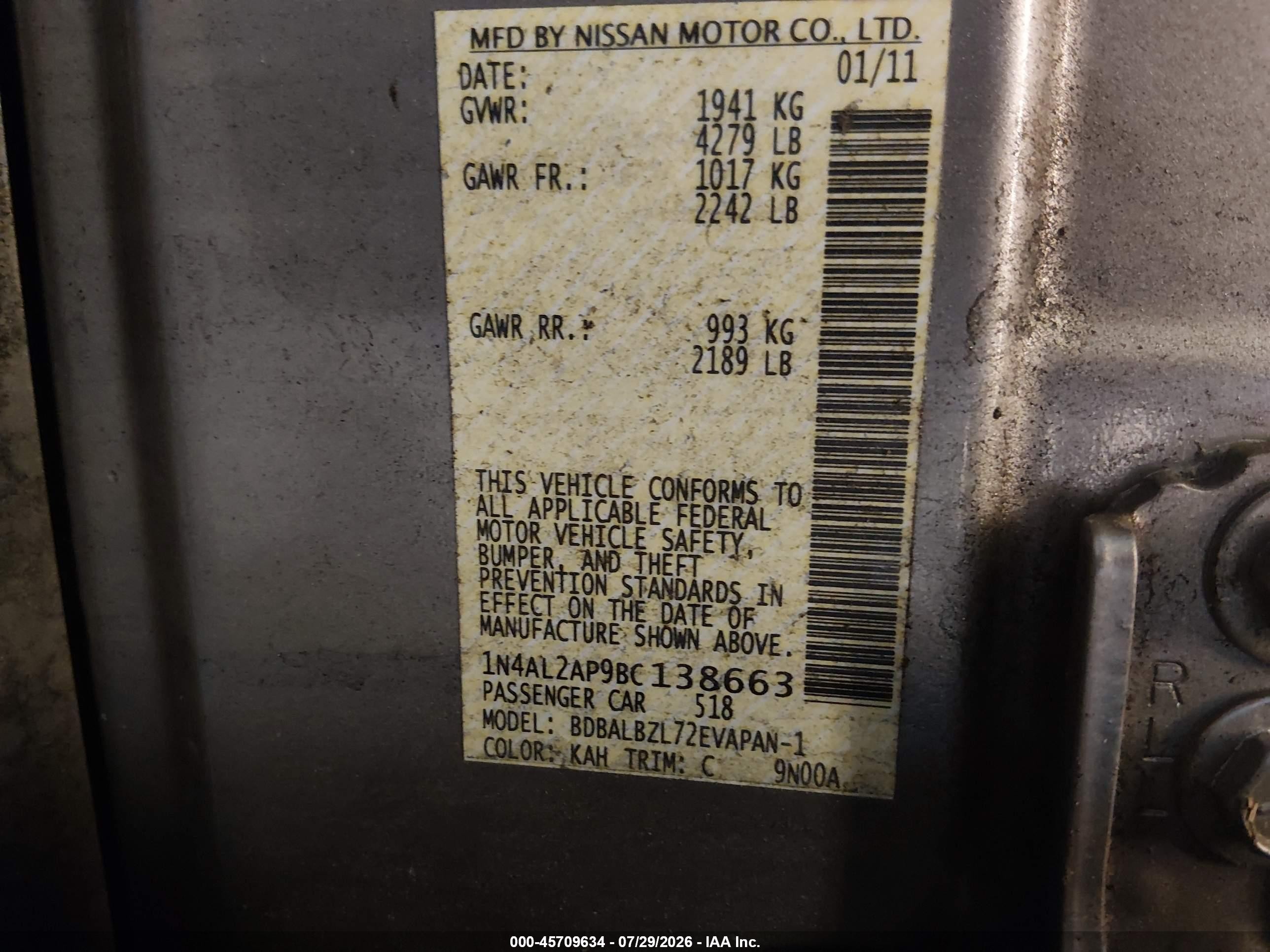 2011 Nissan Altima 2.5 S Tan vin: 1N4AL2AP9BC138663
