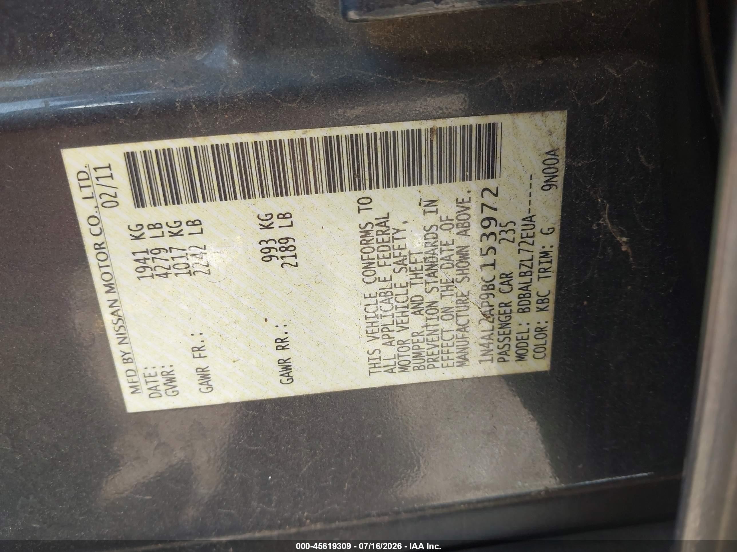 2011 Nissan Altima 2.5 S Black vin: 1N4AL2AP9BC153972