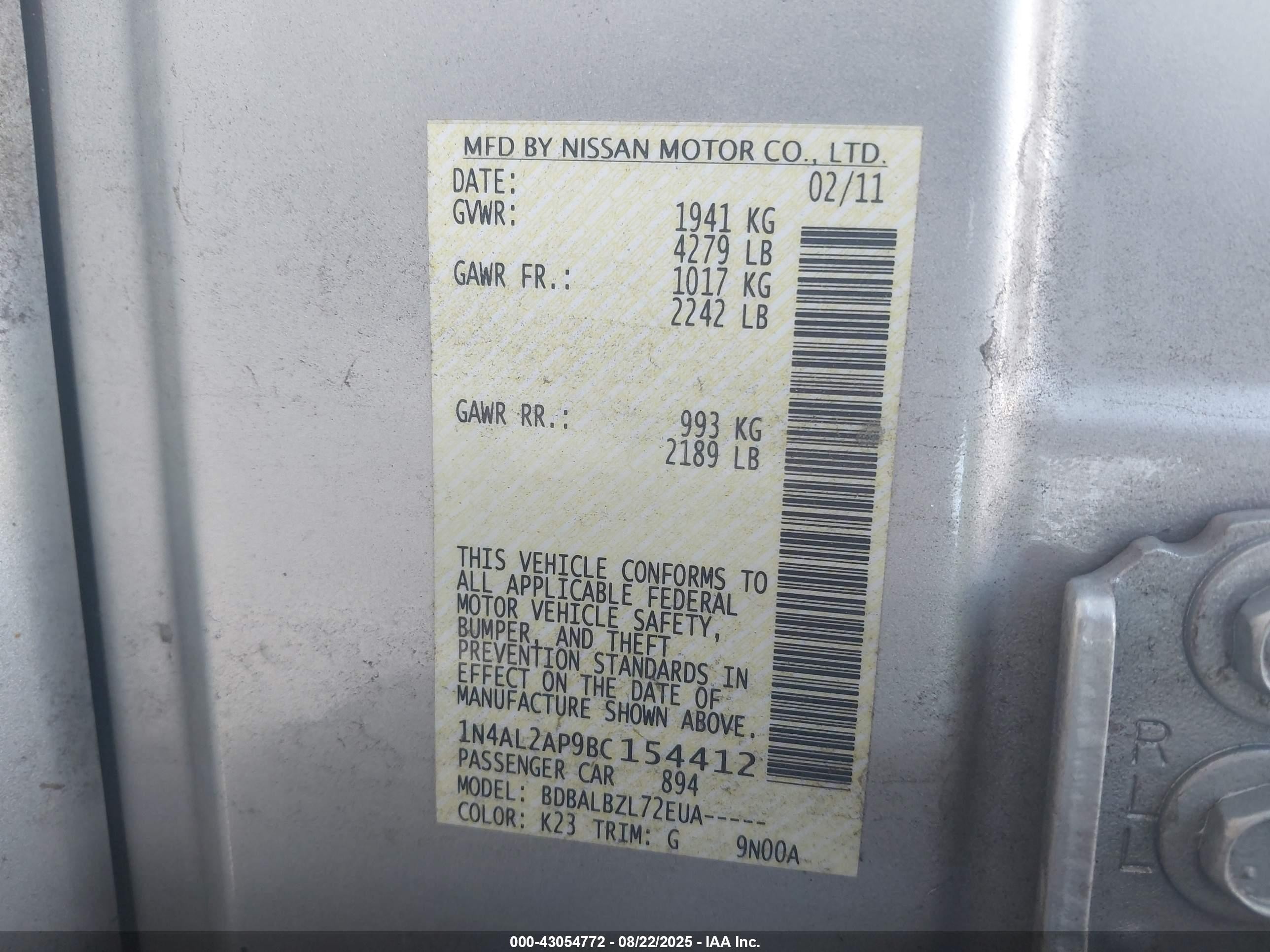 2011 Nissan Altima 2.5 S Silver vin: 1N4AL2AP9BC154412