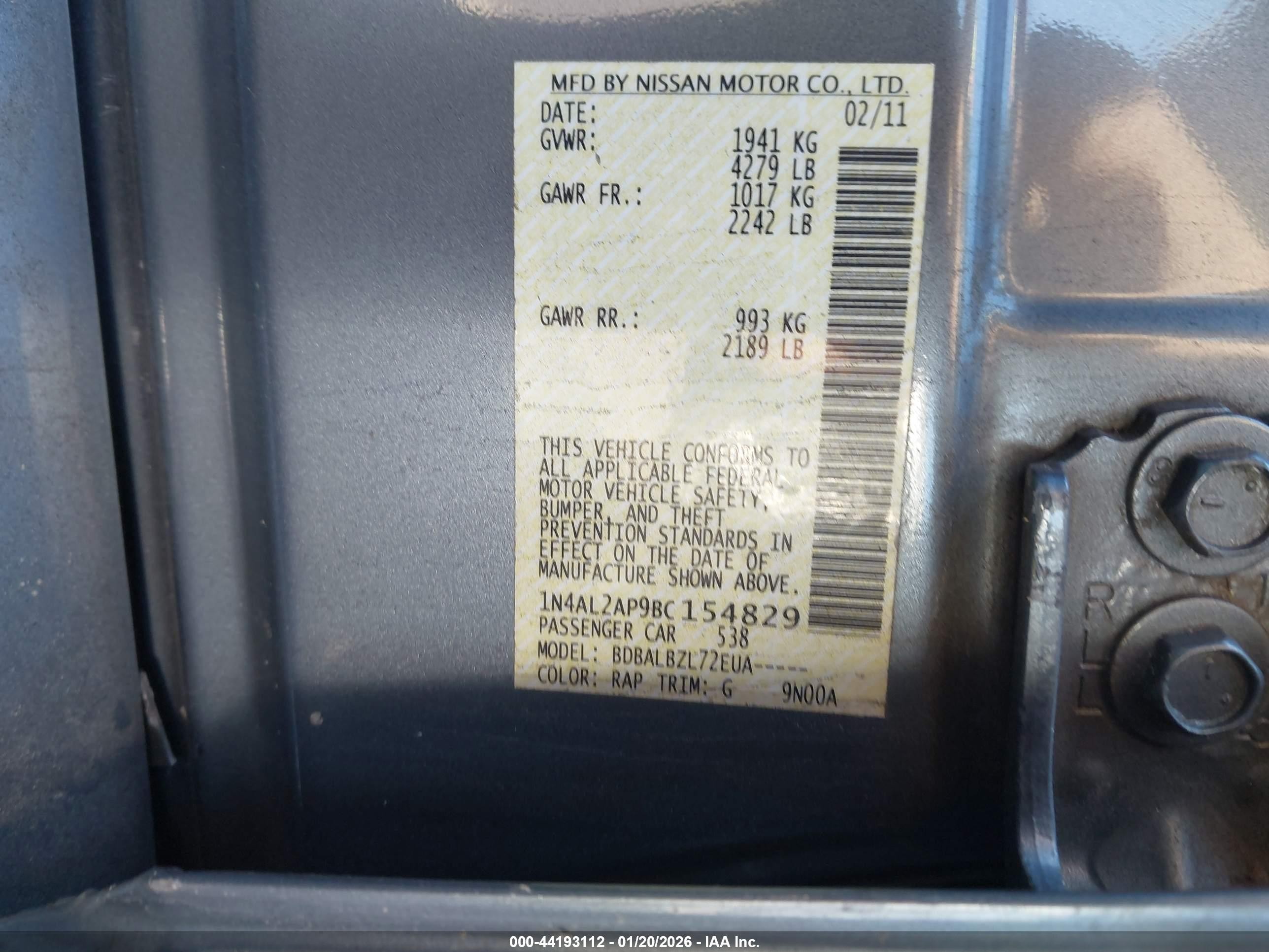 2011 Nissan Altima 2.5 S Blue vin: 1N4AL2AP9BC154829