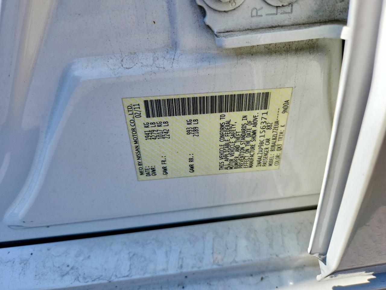 2011 Nissan Altima 2.5 White vin: 1N4AL2AP9BC156371