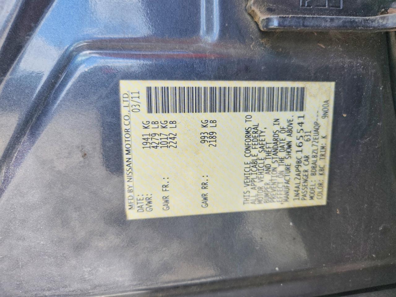 2011 Nissan Altima 2.5 Charcoal vin: 1N4AL2AP9BC165541