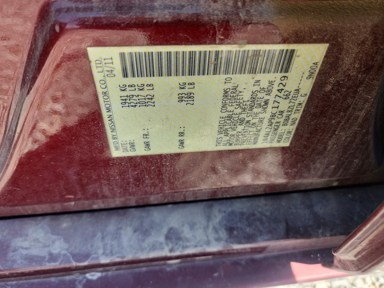 2011 Nissan Altima 2.5 Maroon vin: 1N4AL2AP9BC177429