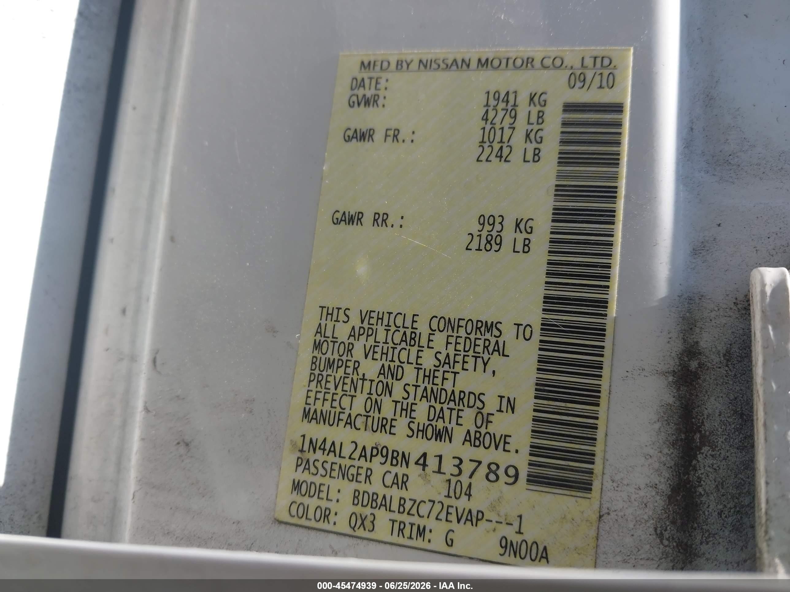 2011 Nissan Altima 2.5 S White vin: 1N4AL2AP9BN413789