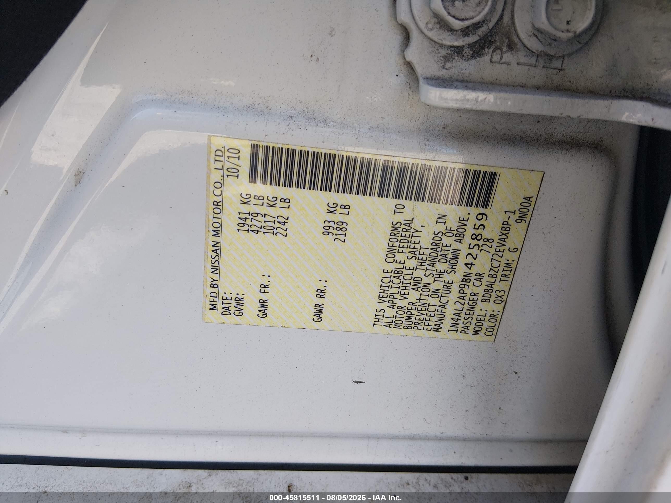 2011 Nissan Altima 2.5 S White vin: 1N4AL2AP9BN425859