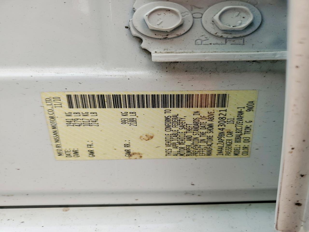 2011 Nissan Altima 2.5 White vin: 1N4AL2AP9BN430821
