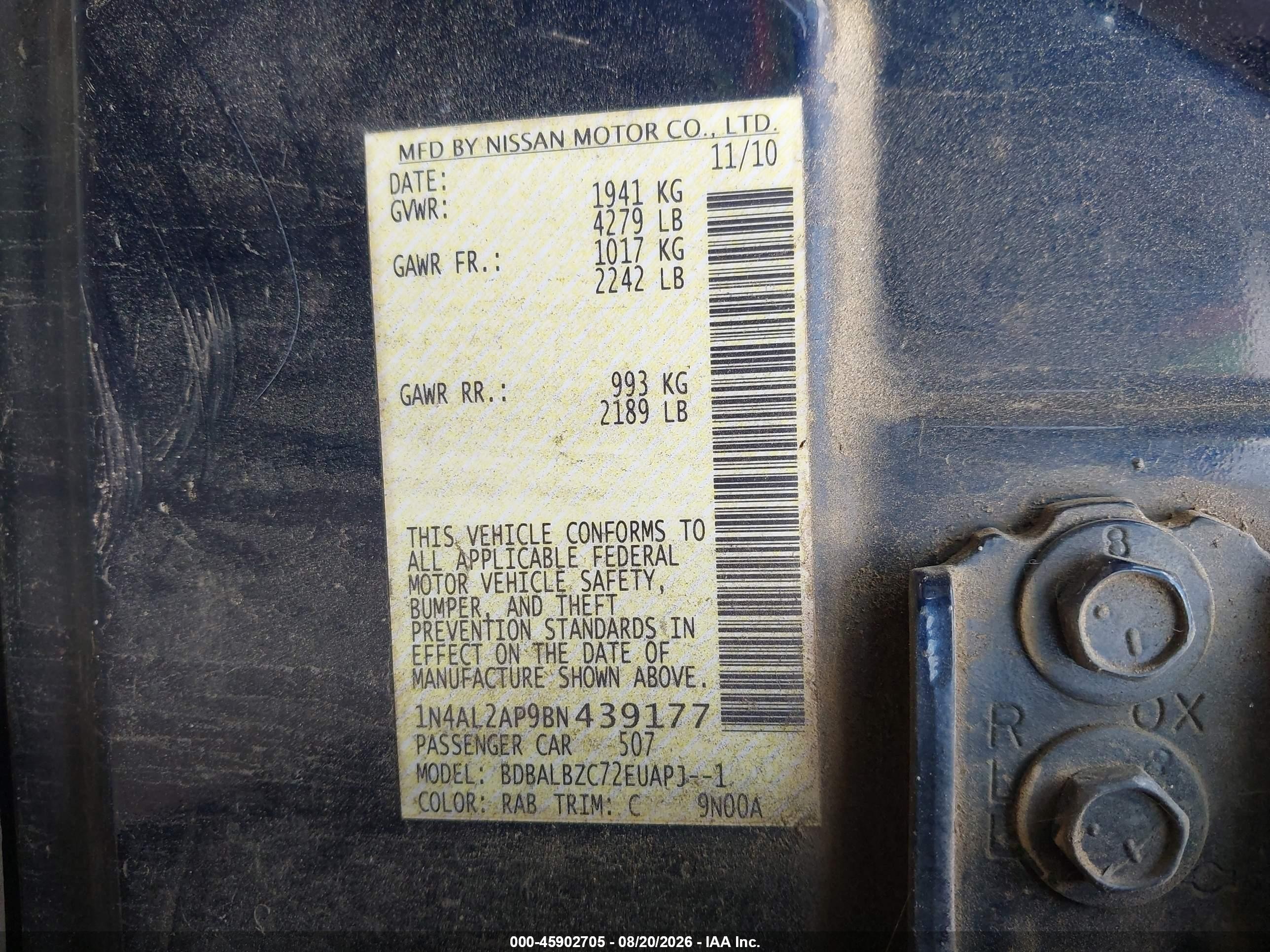 2011 Nissan Altima 2.5 S Blue vin: 1N4AL2AP9BN439177