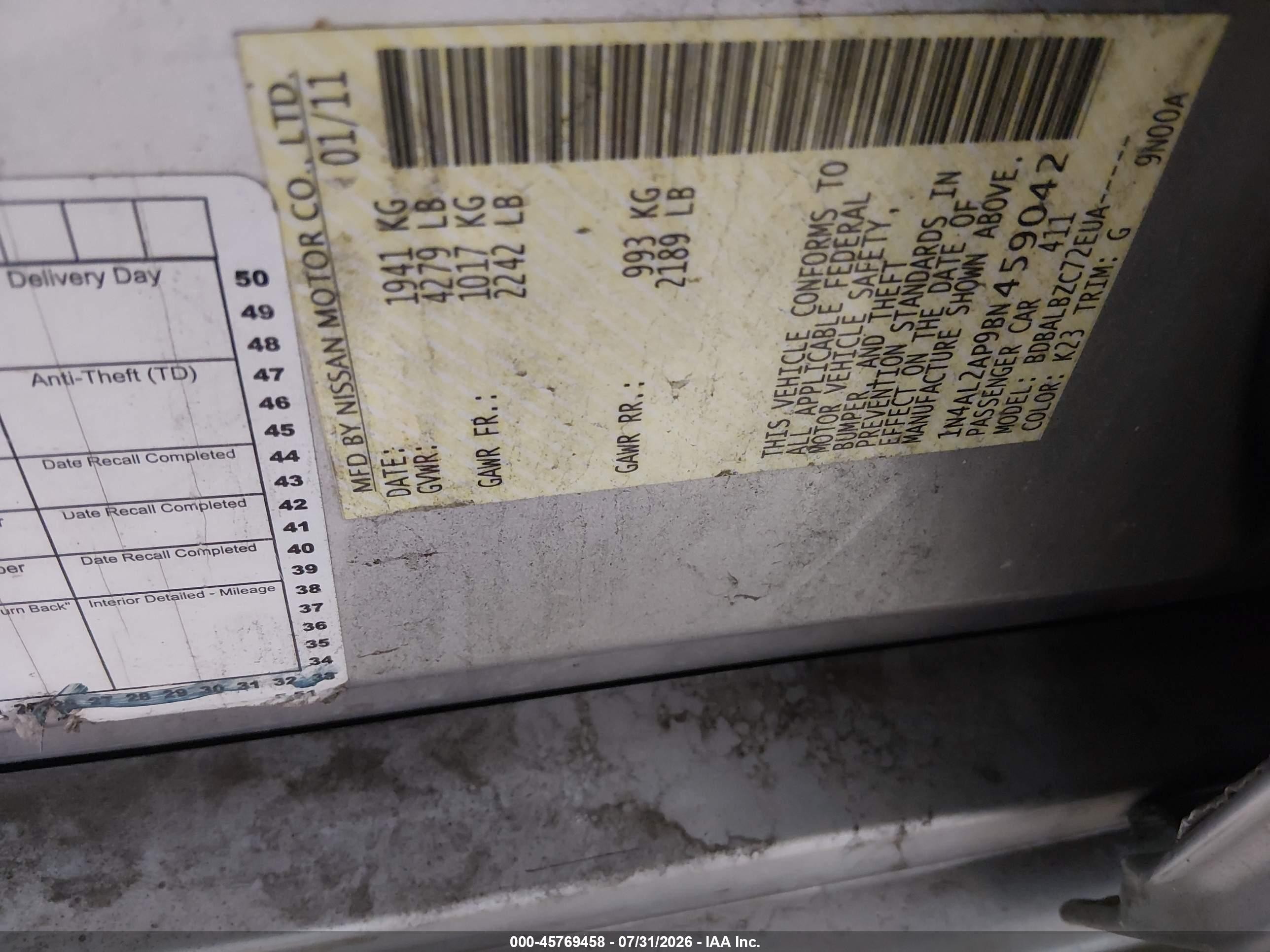 2011 Nissan Altima 2.5 S Silver vin: 1N4AL2AP9BN459042