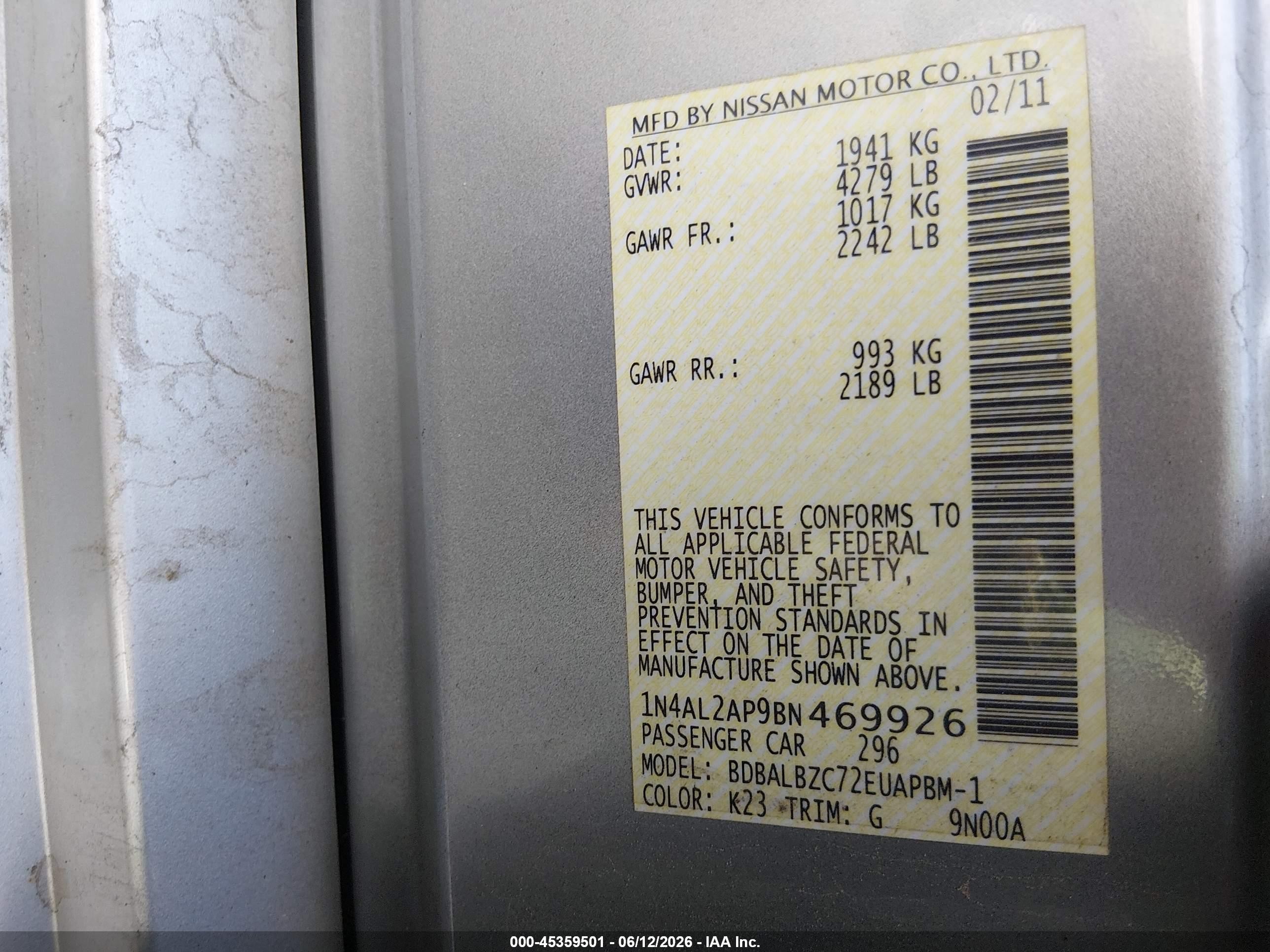 2011 Nissan Altima 2.5 S Silver vin: 1N4AL2AP9BN469926