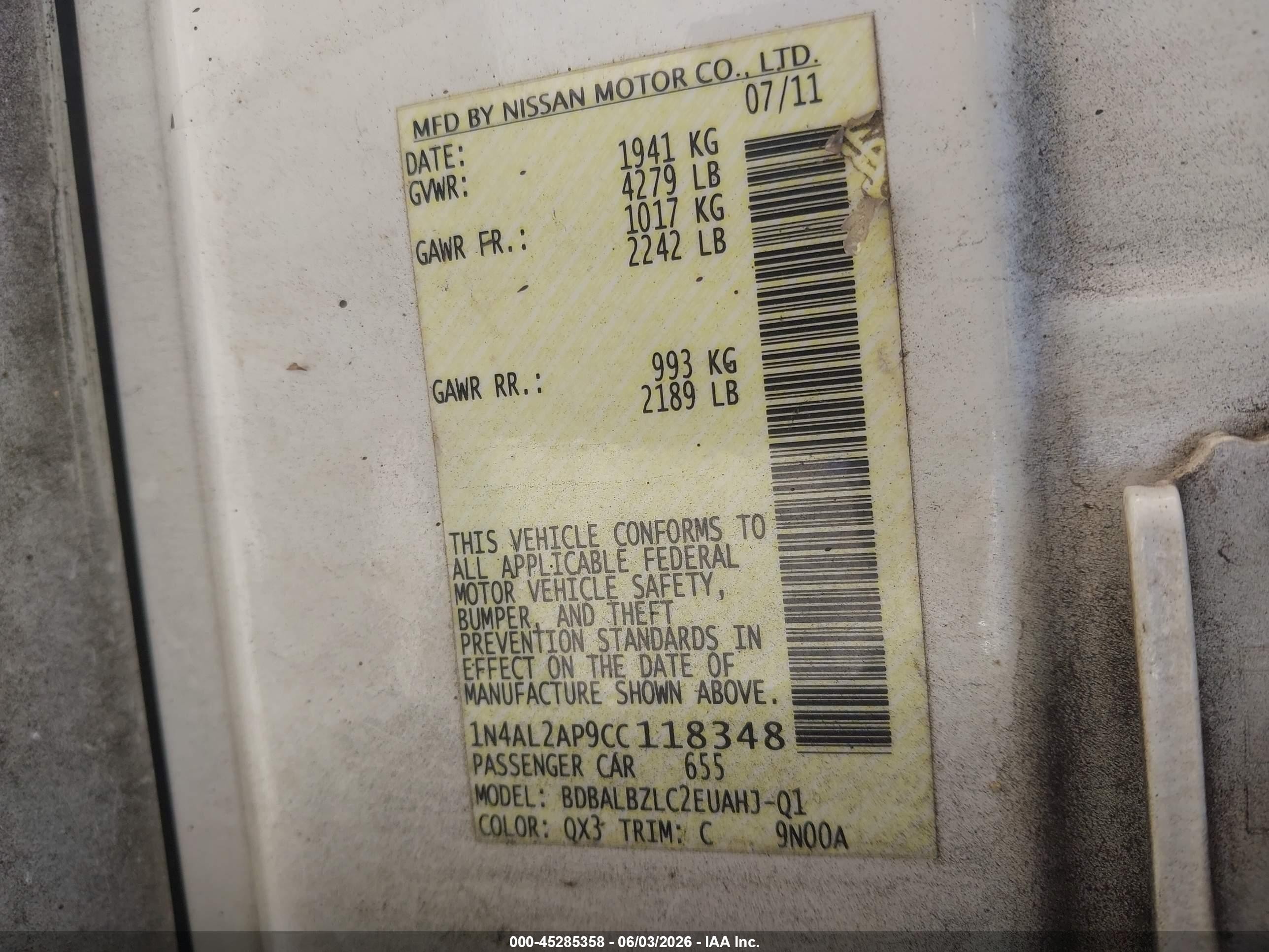 2012 Nissan Altima 2.5 S White vin: 1N4AL2AP9CC118348