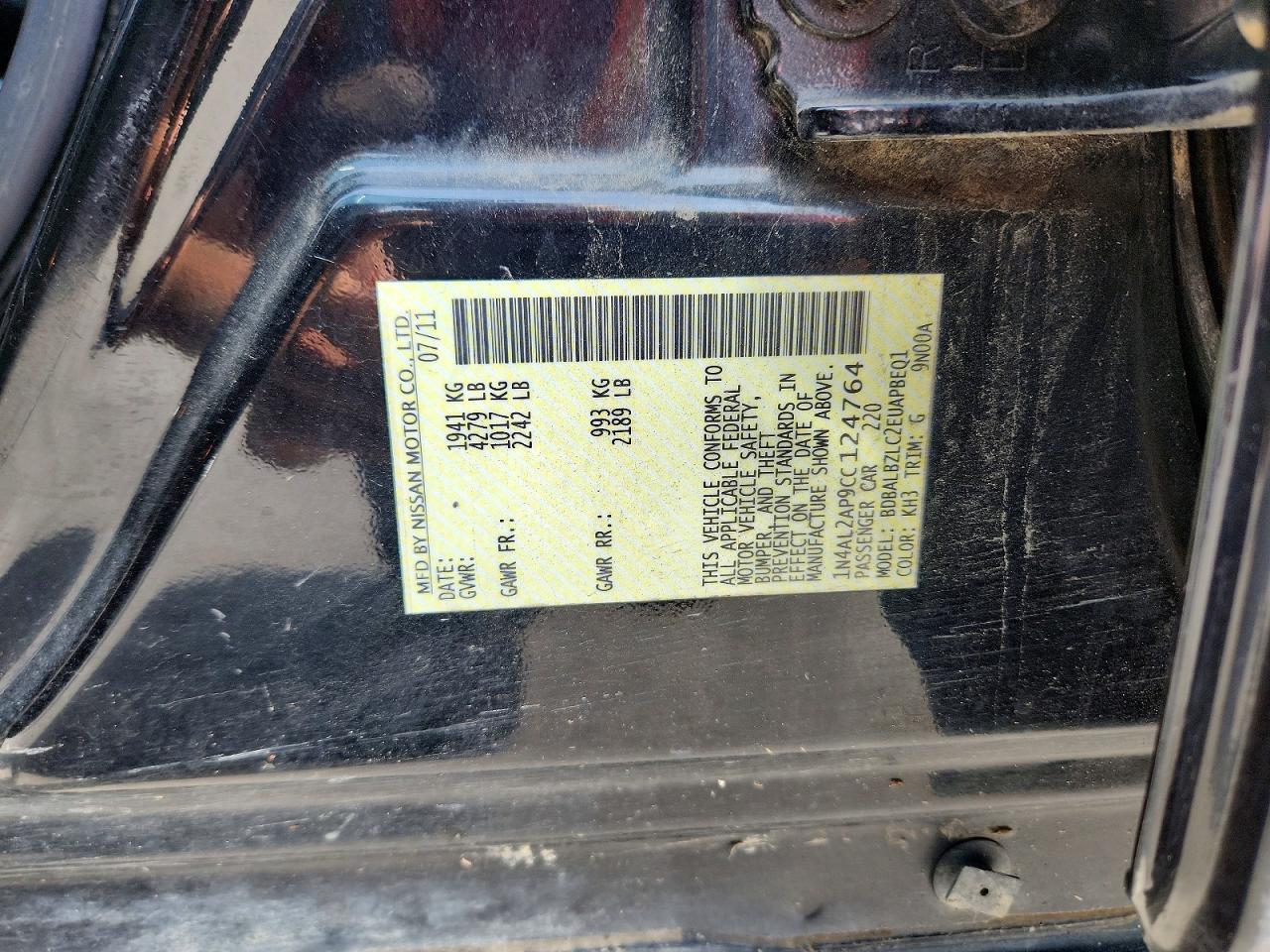 2012 Nissan Altima 2.5 Black vin: 1N4AL2AP9CC124764