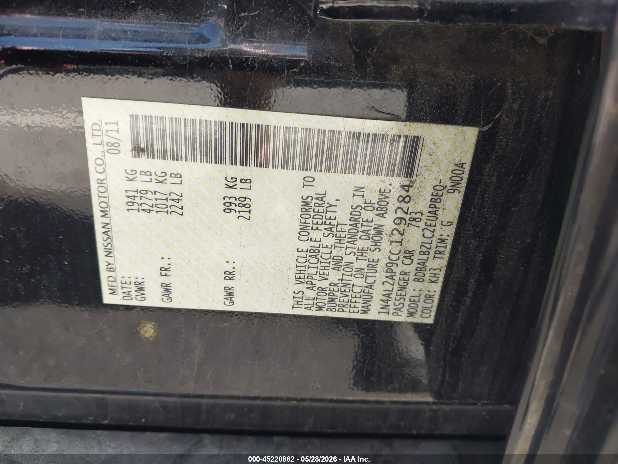 2012 Nissan Altima 2.5 S Black vin: 1N4AL2AP9CC129284