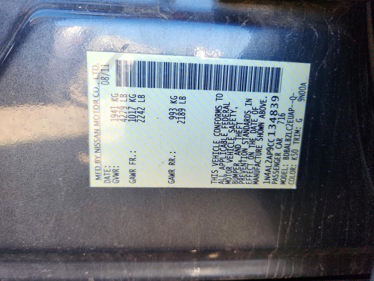 2012 Nissan Altima 2.5 Gray vin: 1N4AL2AP9CC134839