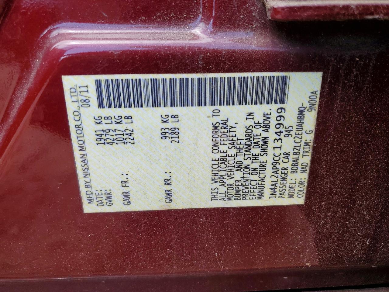 2012 Nissan Altima 2.5 Maroon vin: 1N4AL2AP9CC134999