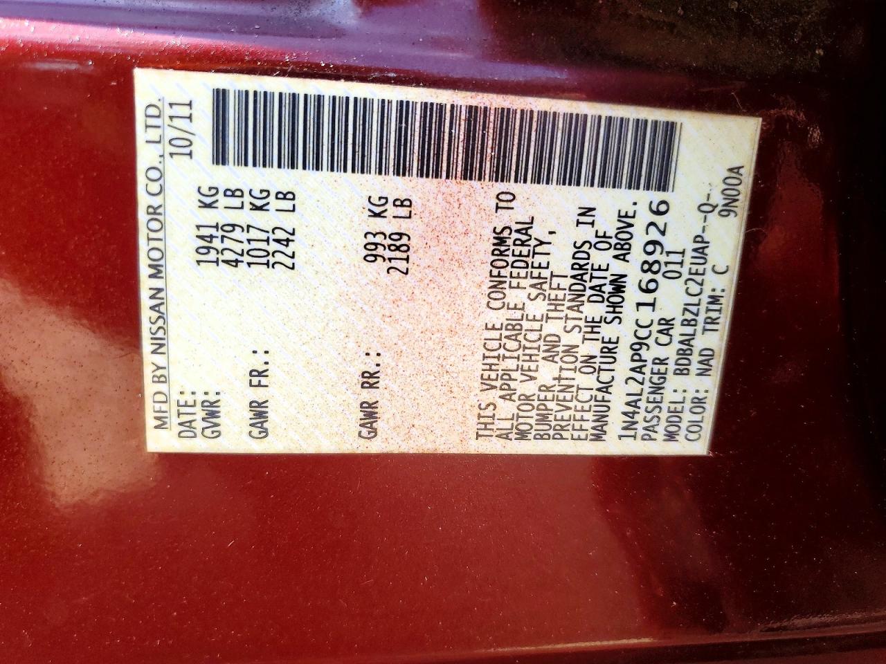 2012 Nissan Altima 2.5 Burgundy vin: 1N4AL2AP9CC168926