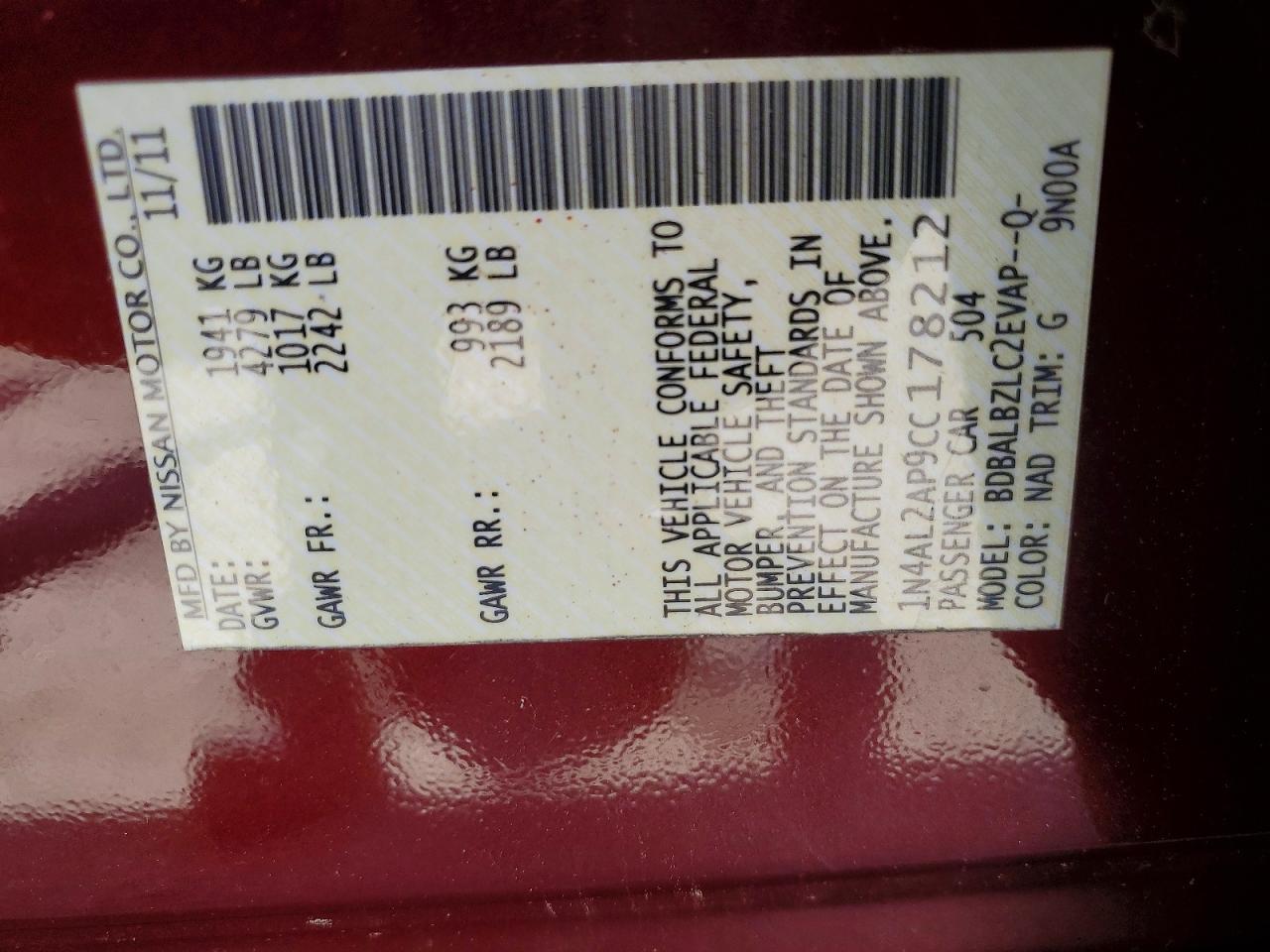 2012 Nissan Altima 2.5 Burgundy vin: 1N4AL2AP9CC178212